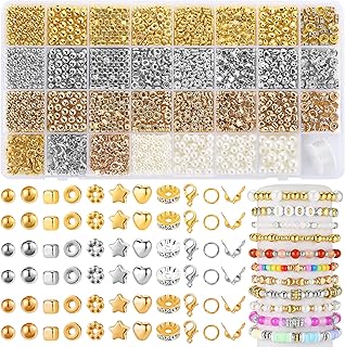 Funtopia Kit de fabricación de pulseras de cuentas espaciadoras, 2320 piezas de suministros para hacer joyas con cuentas redondas surtidas de estrellas plateadas y doradas, perlas redondas y cierres