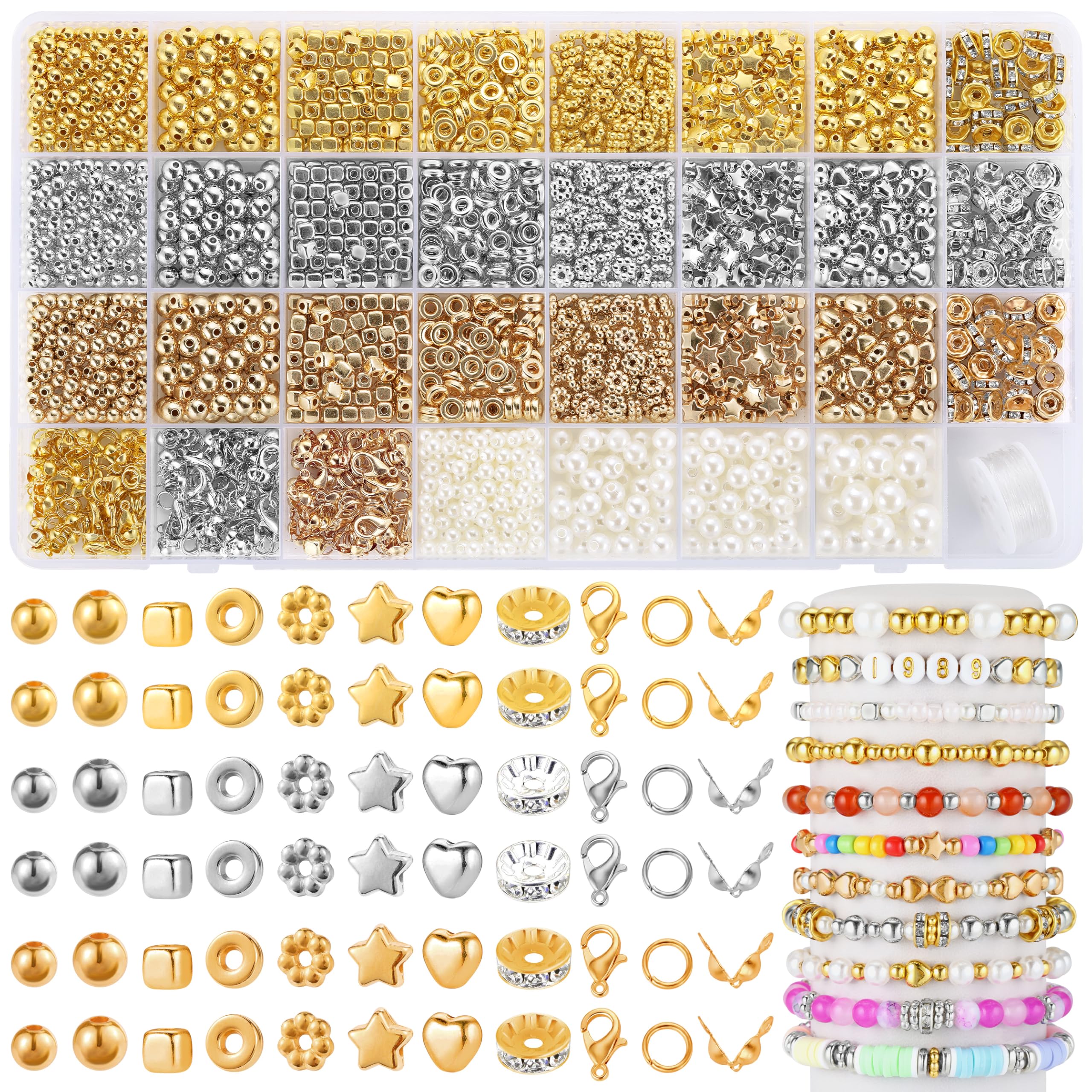 Funtopia Spacer Beads Bracelet Making Kit, 2320 Pcs Jewelry Making Supplies with Assorted Round Star Silver Gold Beads, Round Pearls and Lobster Clasps, DIY Crafts Necklaces Bracelets Earrings
