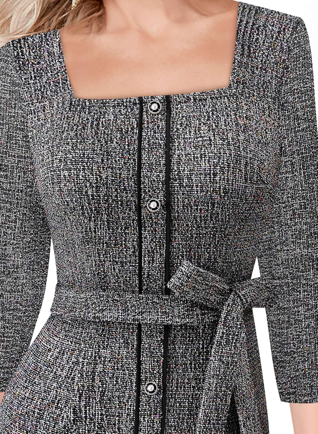 VFSHOW Womens Business Square Neck Button Belted Colorblock Patchwork Office Work Slim Sheath Mermaid Dress - Image 3