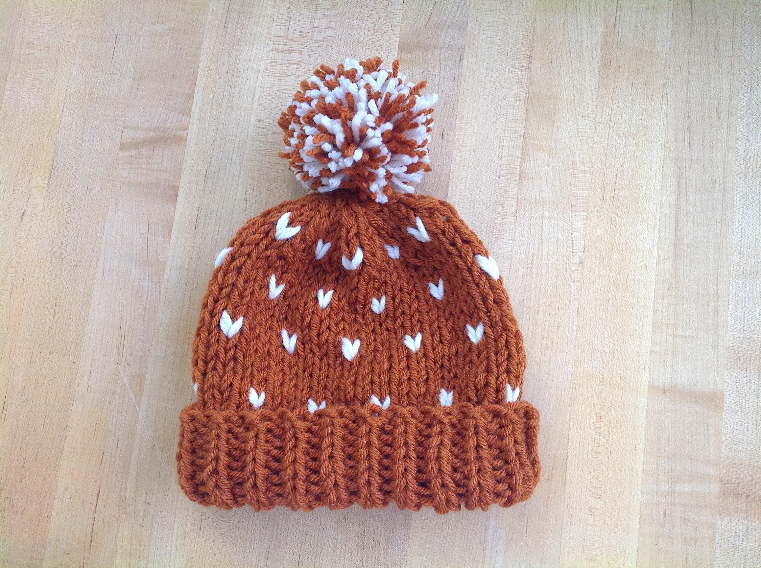 Women's Warm Soft Chunky Knit Slouchy Winter Hat in Cream and Burnt Orange with Pom Pom