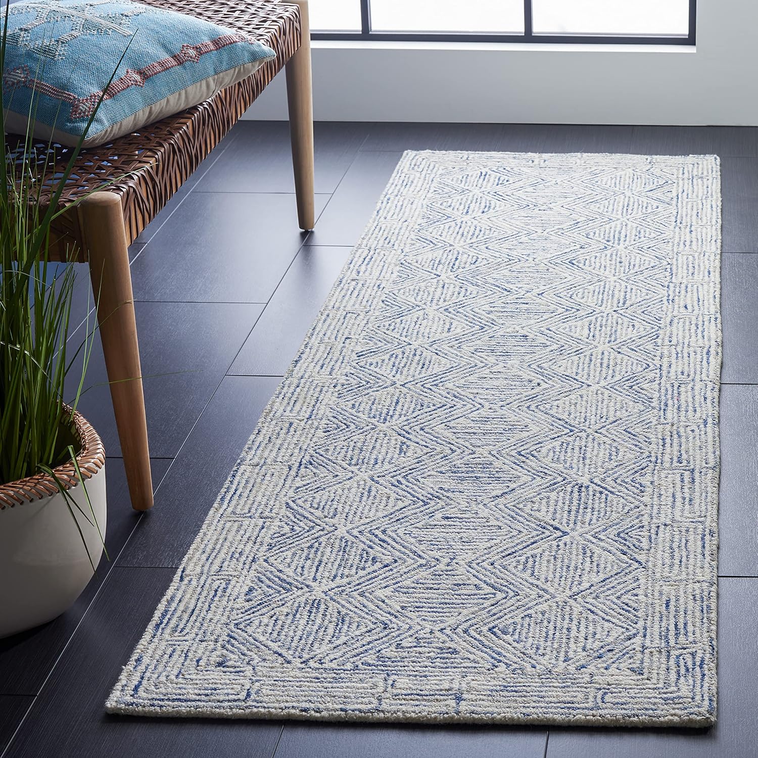 Blue and Ivory Hand-Tufted Wool Runner Rug