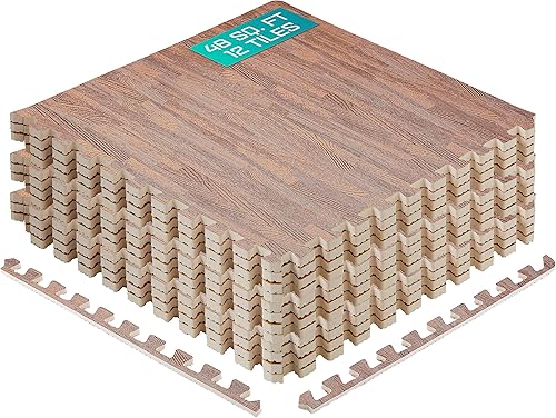 Yes4All Tapete protector de rompecabezas de grano de madera de 48 pies cuadrados, baldosas de espuma EVA entrelazadas con borde para el hogar