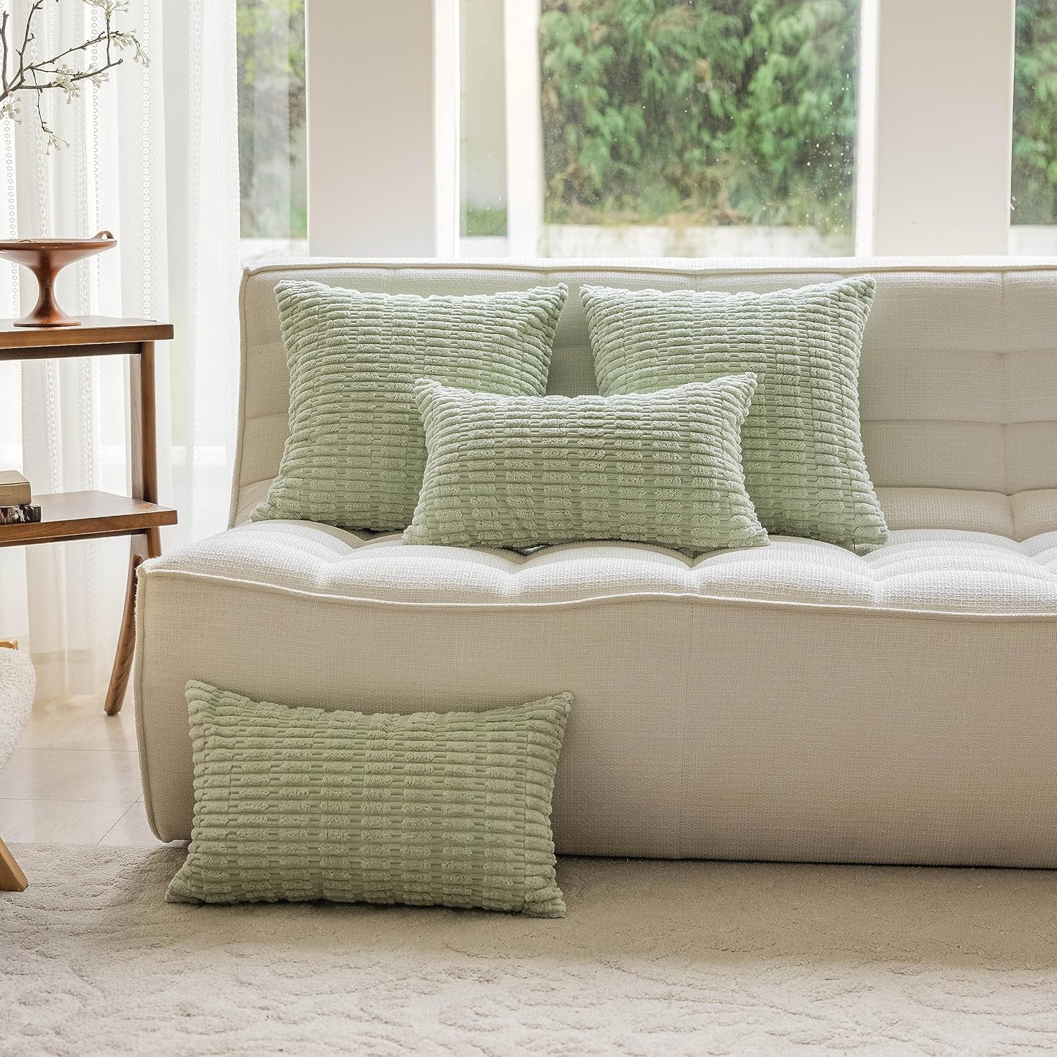 Home Brilliant Square Sage Green Spring Pillow Covers 18x18 Soft Striped Corduroy Solid Plush Throw Pillows for Couch Sofa Bench Living Room Decor, Set of 2, 18 x 18 inch, Light Green - Image 7