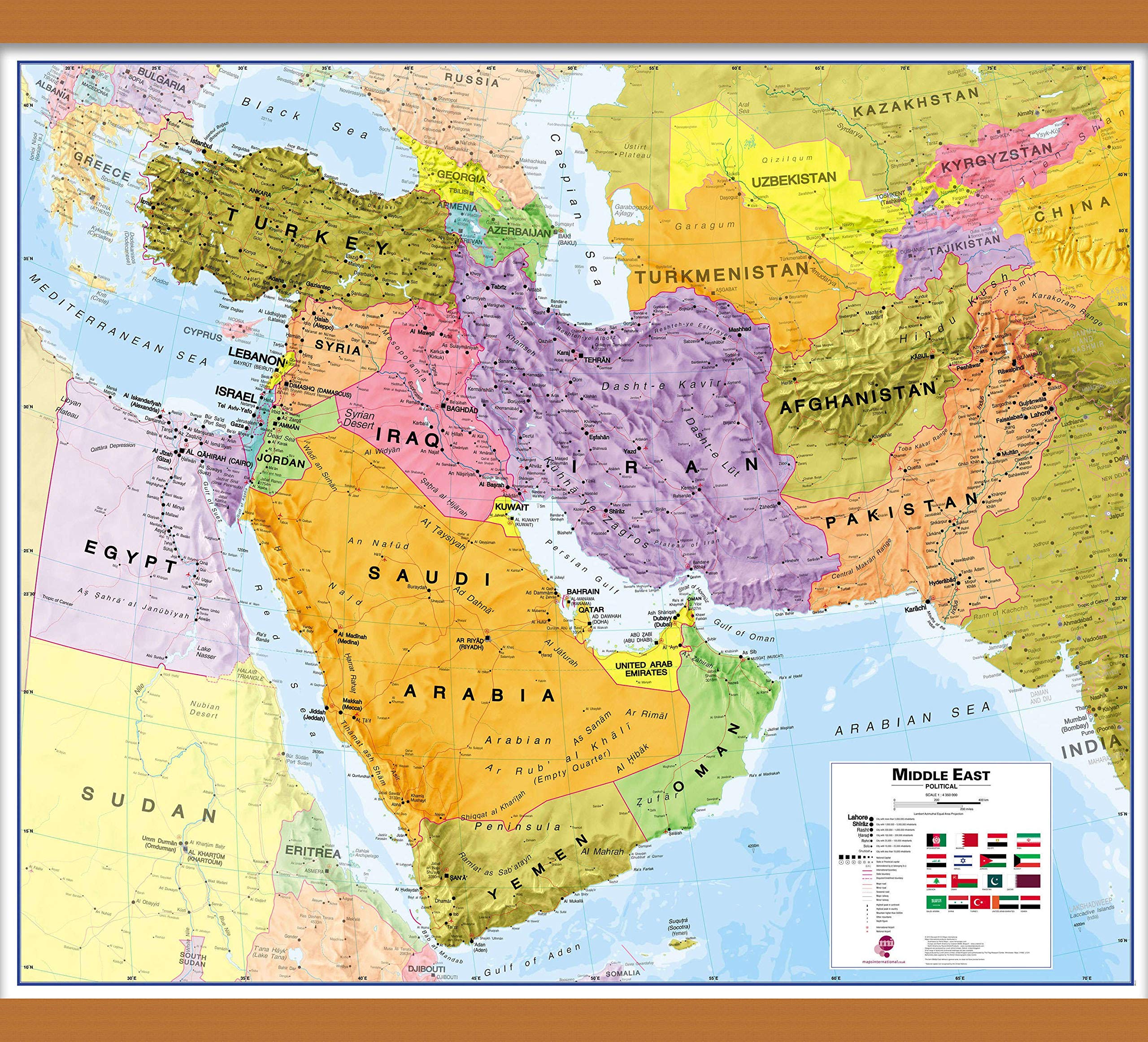 Maps International Medium Political Middle East Wall Map - Laminated with Wooden Hanging Bars - 27 x 33