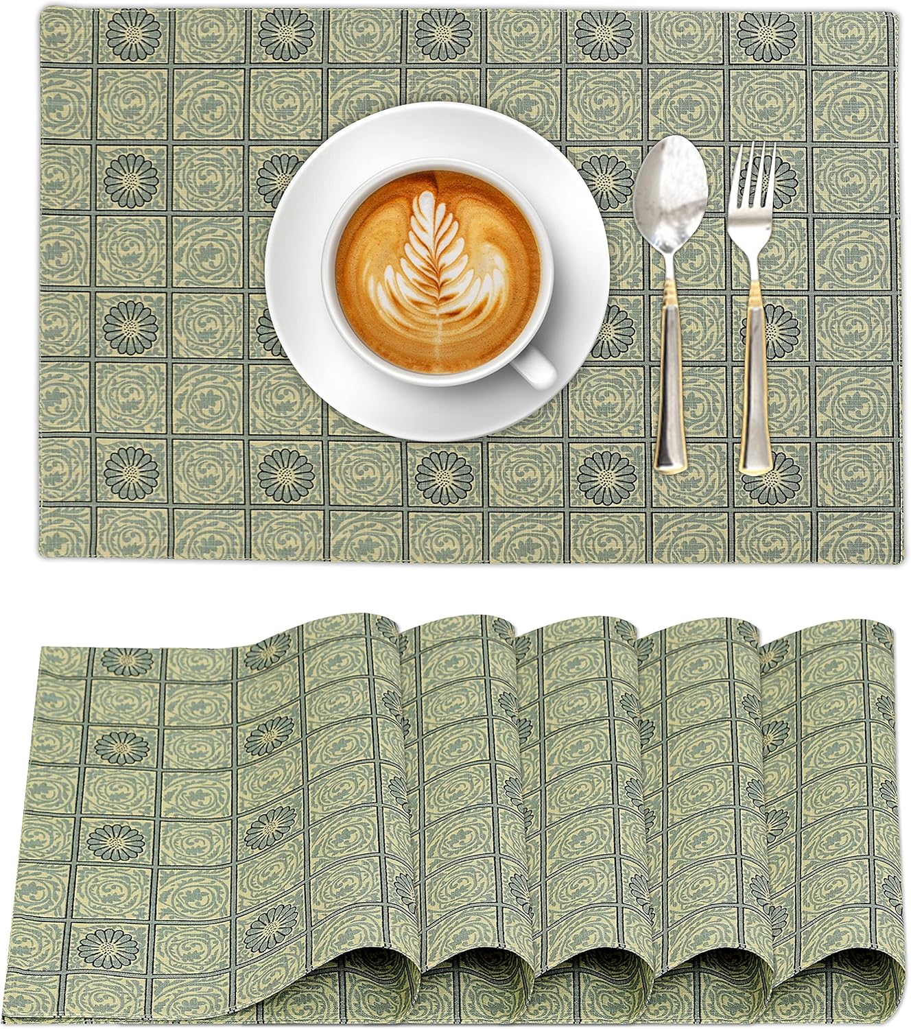 Floral Tiles Green Cotton Rectangle Placemats Set of 6