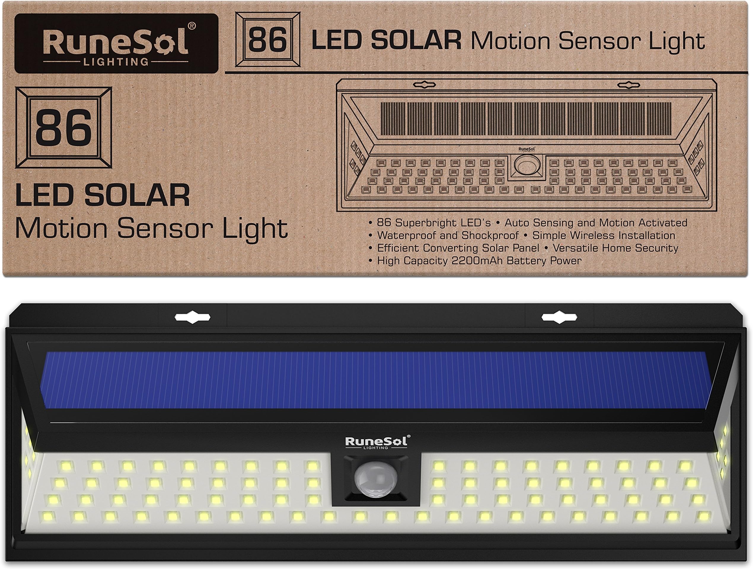 RuneSol 86 LED Motion Sensor Solar Powered Light | LED Garden Lights - Light Your Patio, Fence, Garden, Driveway | Security LED Panel Solar Lighting