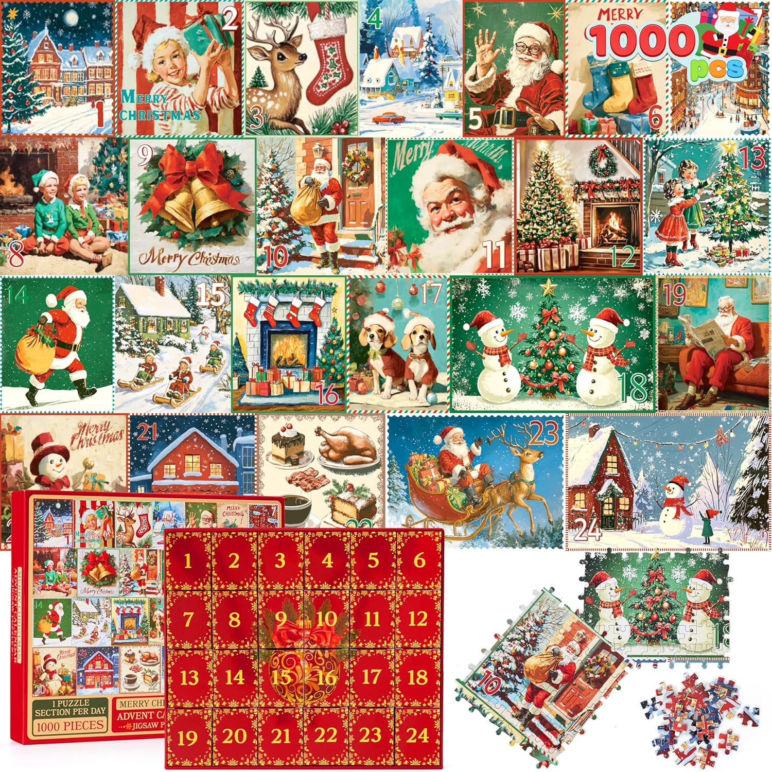 JOYIN 1000 PCS Christmas Advent Calendar 2025 Puzzles, 24 Days Christmas Countdown Puzzles for Xmas Party Favors Supplies, Classroom Prizes, Boys Girls Kids Fun Gifts