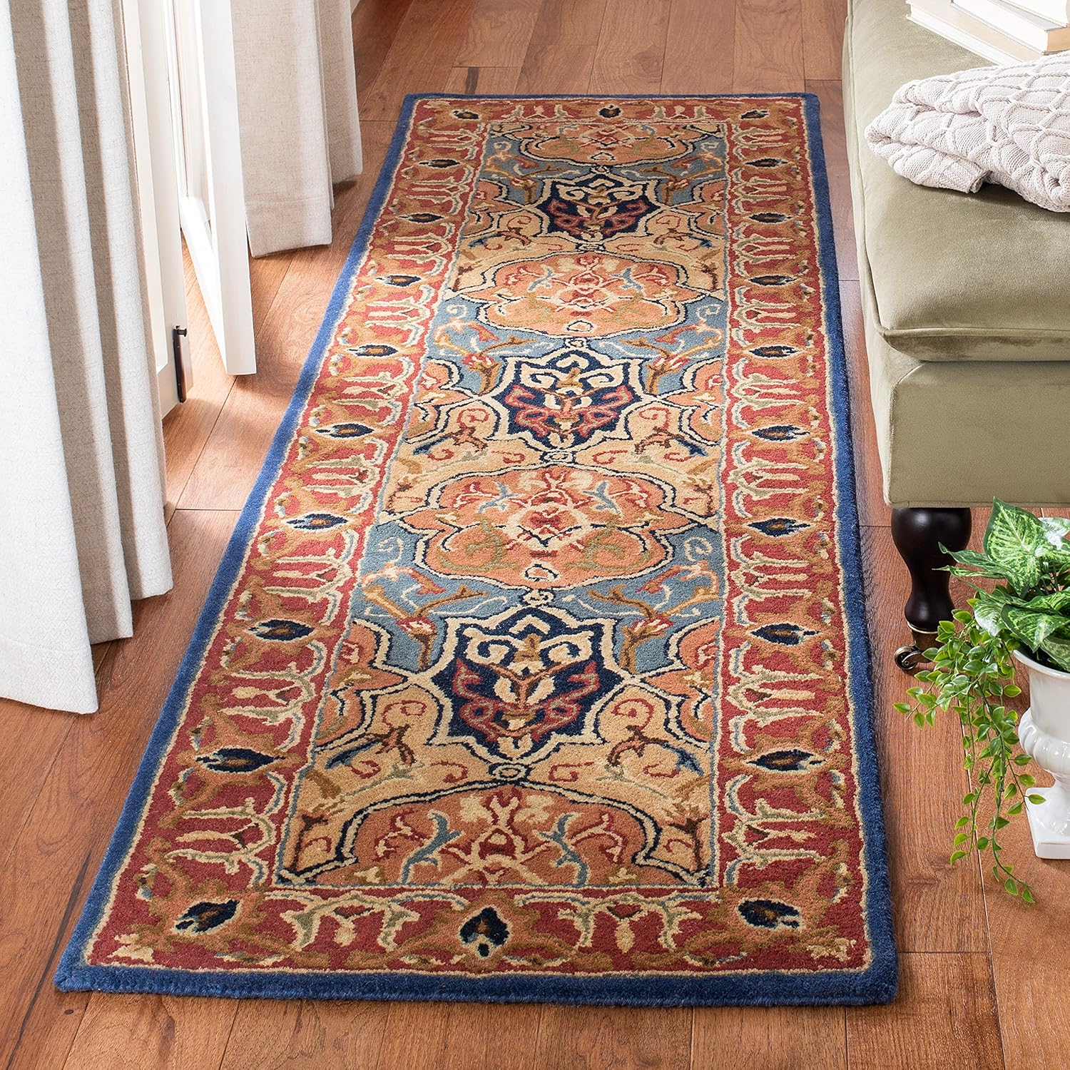 SAFAVIEH Heritage Collection 2'3" x 8' Blue / Red HG277M Handmade Traditional Oriental Premium Wool Runner Rug