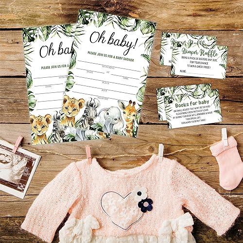 Miniatura 7 de Wild One - Juego de invitaciones para baby shower, tema de animales verdes, 25 invitaciones y sobres, 25 boletos para rifas Dipaer y 25 tarjetas de
