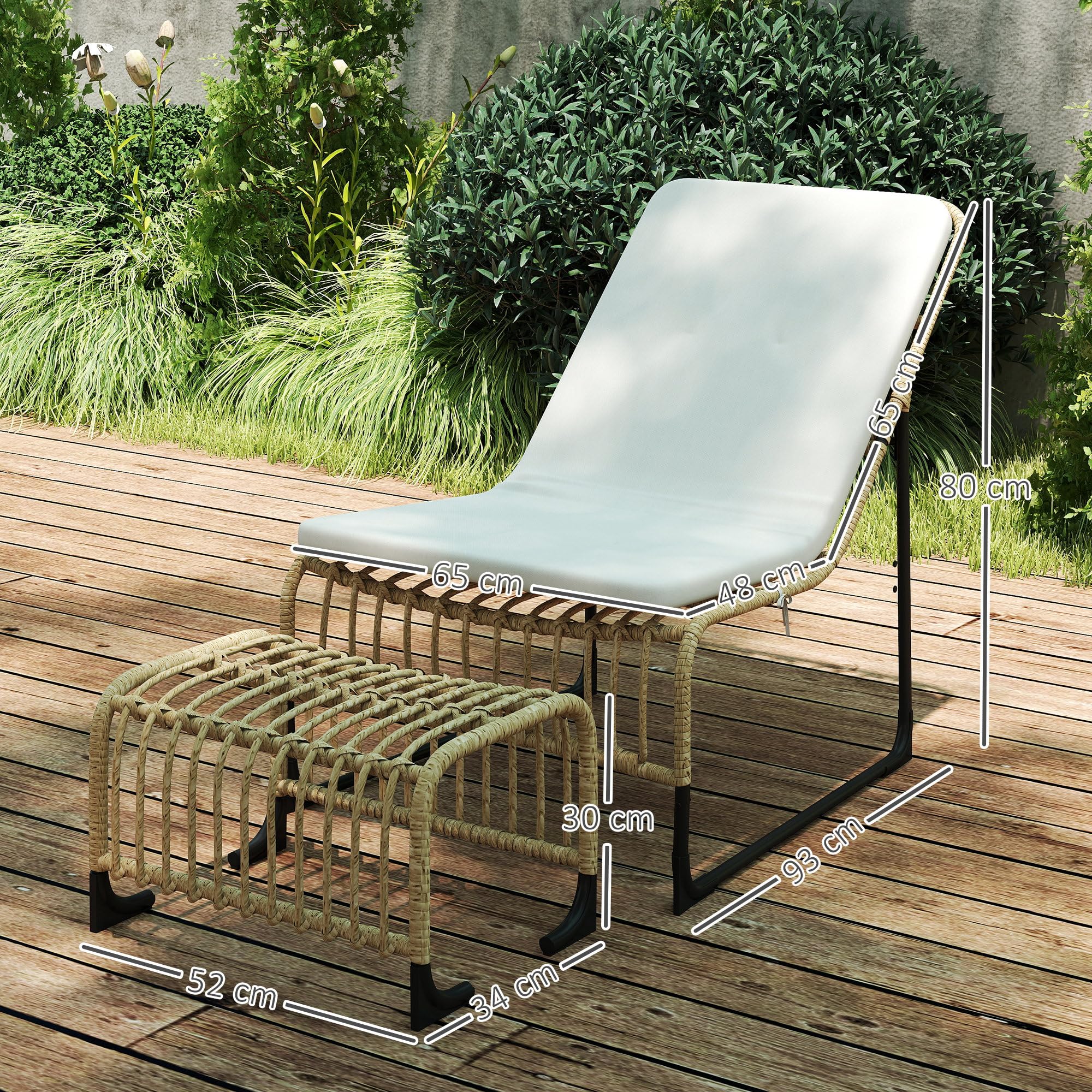 Outsunny Conjunto de Sillón de Jardín con Reposapiés de Ratán Sintético, Sillón para Exterior con Estructura de Acero y Cojín Acolchado, Natural y Beige