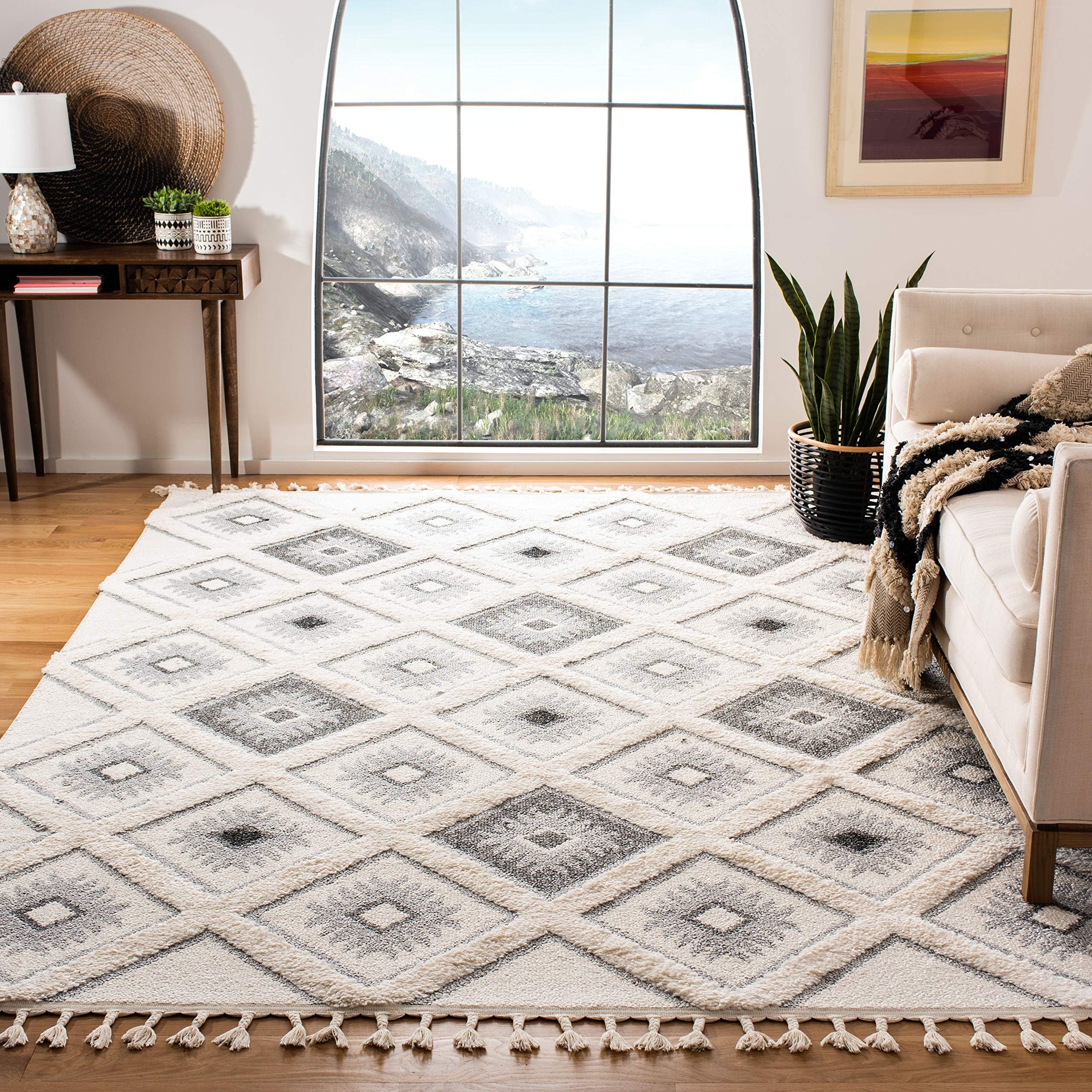 Moroccan Tassel Shag Collection Area Rug - 9' x 12', Ivory & Grey, Boho Design, Non-Shedding & Easy Care, 2-inch Thick Ideal for High Traffic Areas in Living Room, Bedroom (MTS601F)