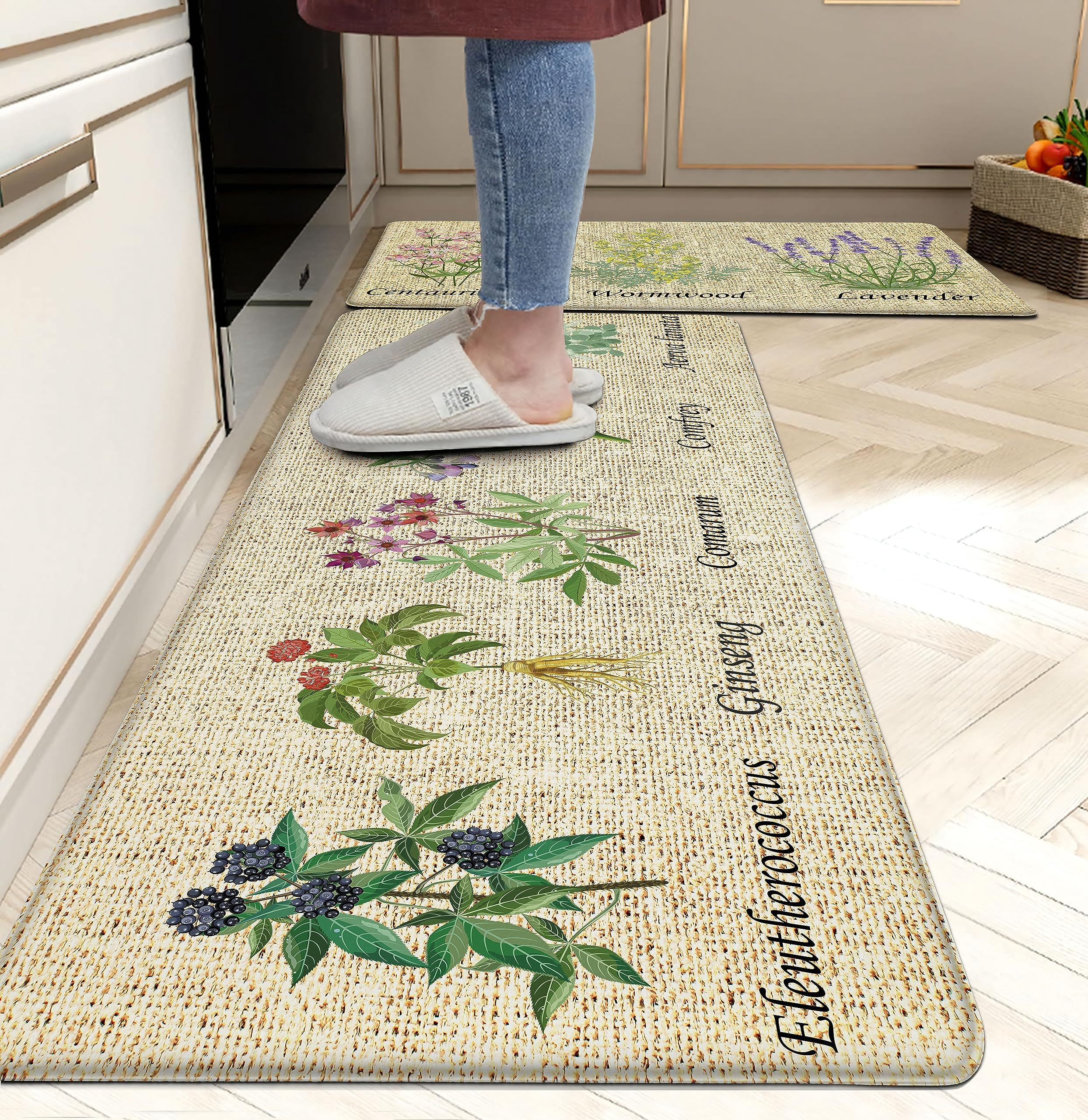 Serwrsw White Wildflower Kitchen Rugs Sets of 2, Spring
