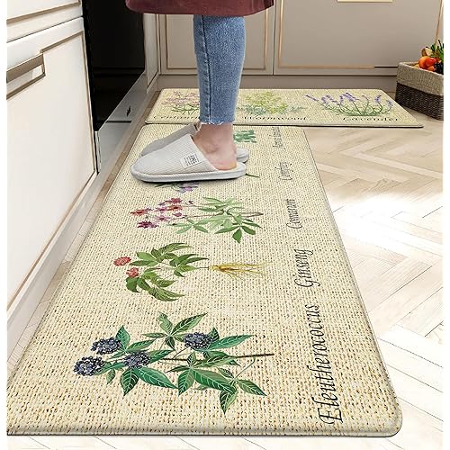 chiinvent Kitchen Mats for Floor Cushioned Anti Fatigue Mats for Kitchen Floor Green Farmhouse Kitchen Floor Mat Memory Foam Kitchen Rugs Sets of 2, 17.3x28 + 17.3x47, 0.4 inches
