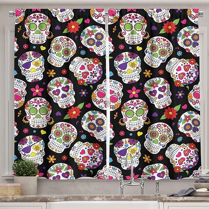 Ambesonne Sugar Skull Long Kitchen Curtains, Graveyard Mexico Design on Black Backdrop Print, Two Panels Drapes with Rod Pocket Room Decor, 55