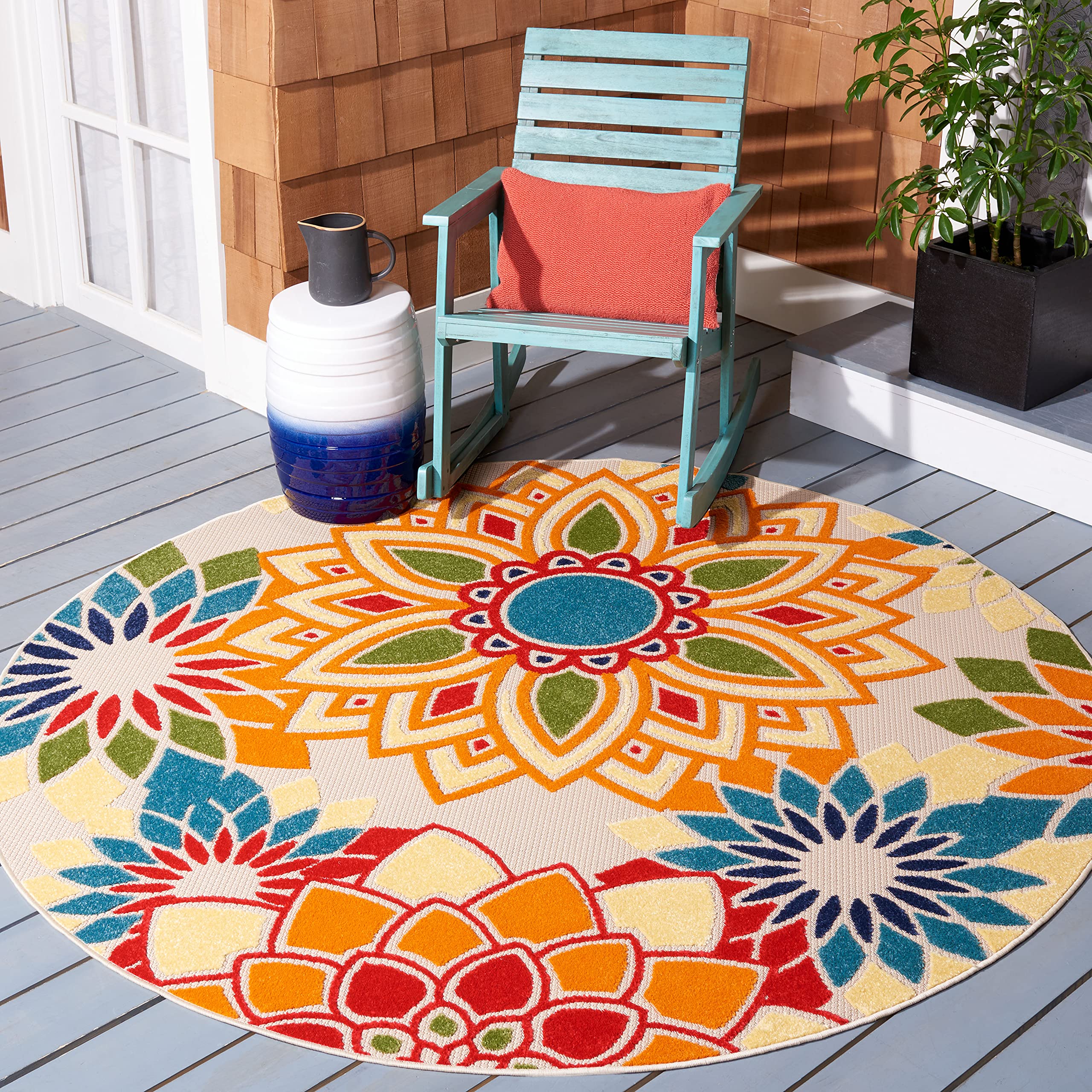 SAFAVIEH Cabana Collection CBN656A - Tappeto rotondo per interni ed esterni, non perde peli, facile da pulire, per patio, cortile, portico, fango, 200 cm, colore: Avorio/Grigio