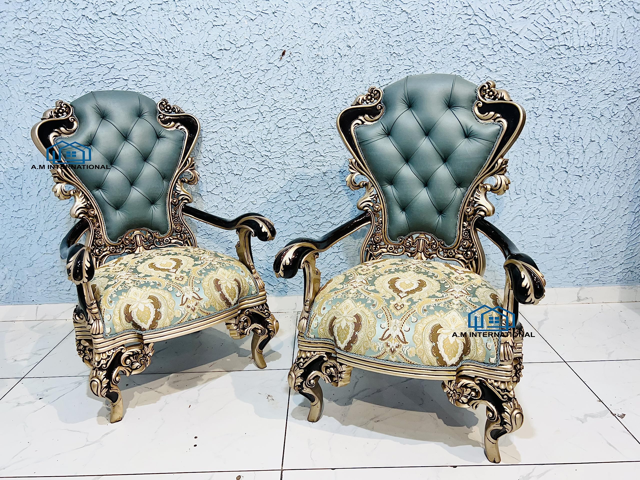 Royal Looks Hand Carved Accent Chair Set of 2 in Solid Teak Wood for Bedroom LIVINGROOM Hall BOFFICE in Antique Rose Gold Paint