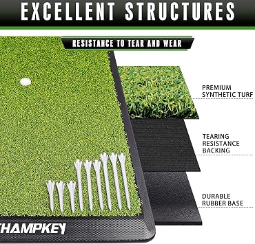 CHAMPKEY Premium Synthetic Turf Golf Hitting Mat | Heavy Duty Rubber Base Golf Practice Mat | Come with 1 Rubber Tee and 9 Plastic Tees