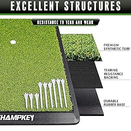 CHAMPKEY Premium Synthetic Turf Golf Hitting Mat | Heavy Duty Rubber Base Golf Practice Mat | Come with 1 Rubber Tee and 9 Plastic Tees (16 x 25, LITE Version)