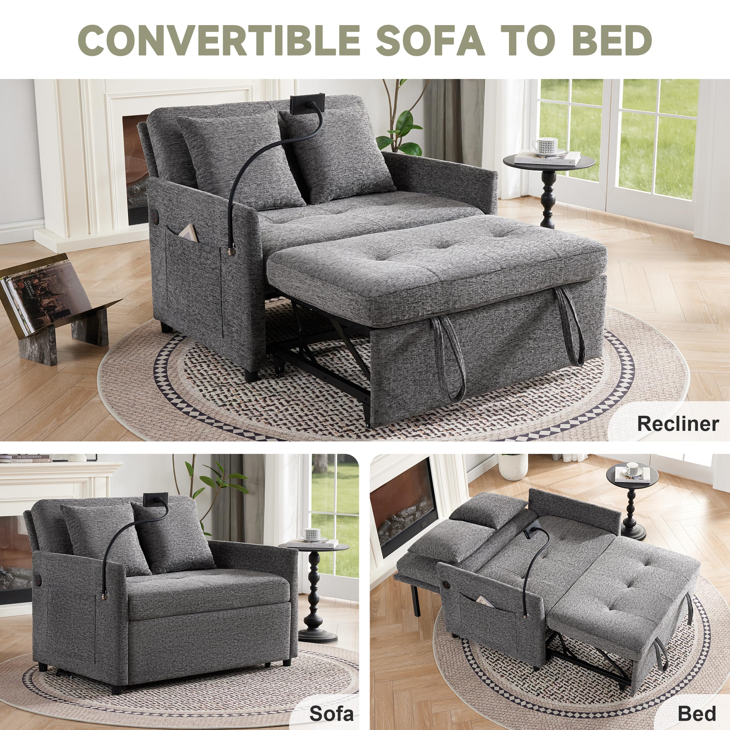 Loveseat Sleeper Sofa Convertible Sofa Bed, Pull out couch, Dark Grey | 3 in 1 couch bed with Phone Holder, Futon Sofa Bed with USB and Type-C Ports for Living Room, Adjustable Backrest