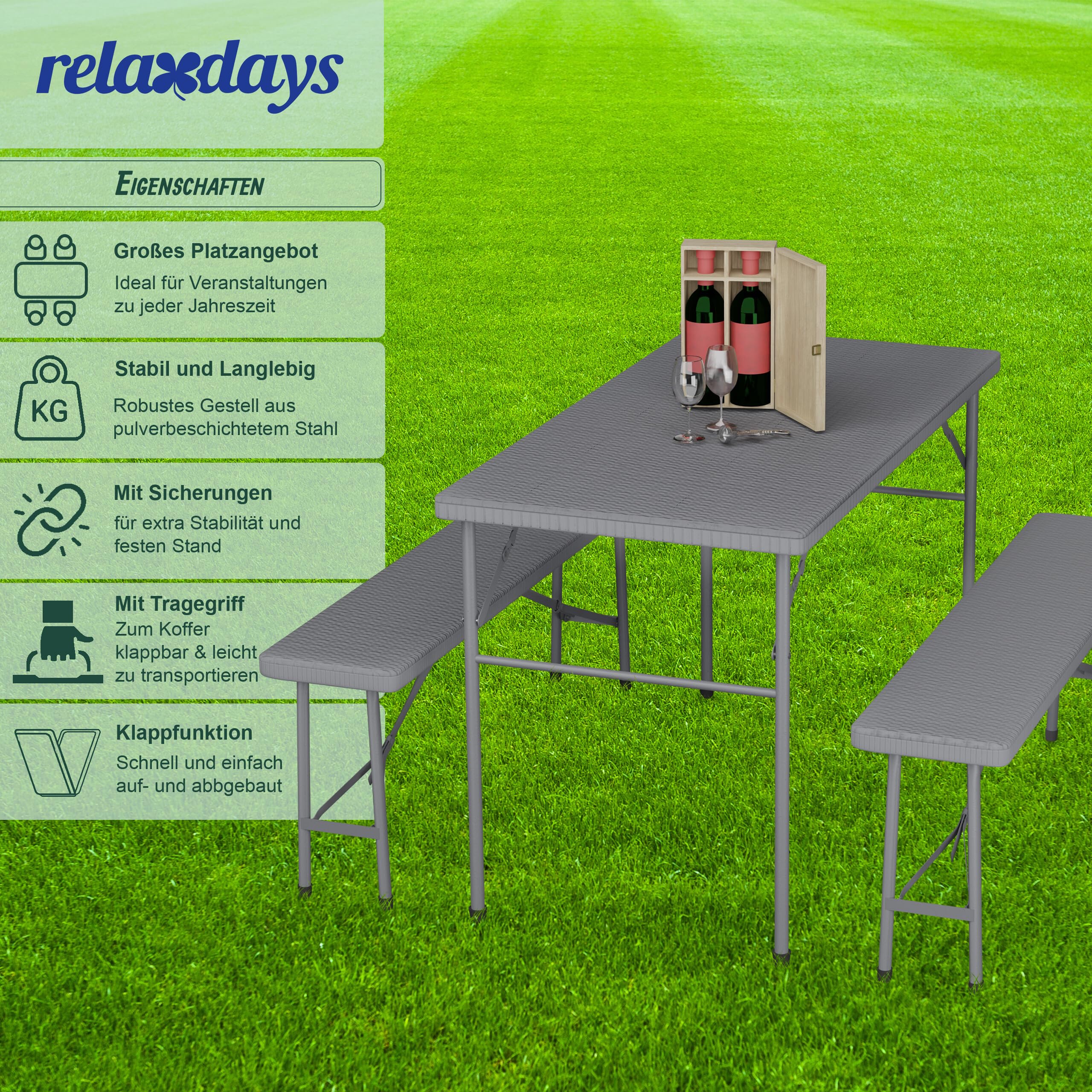 Relaxdays Bierzeltgarnitur klappbar, 3-TLG. Bierbank Set mit großem Tisch, Garten, Festzeltgarnitur, Rattanoptik, Farben