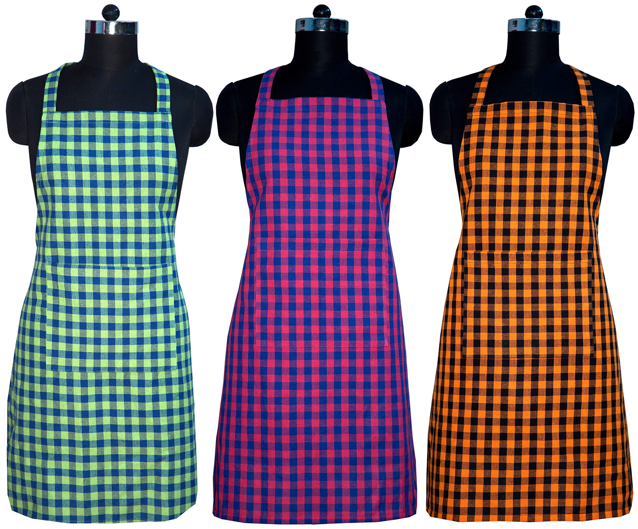 RAKSHA- Cotton Apron, 100% Cotton with Front Center Pocket with 2 Long Ties on Both 2 Sides-Pack of 3 (Green/Pink/Orange)