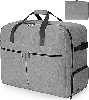 80L Foldable Large Travel Duffle Bag for Men and Women, Packable Duffel Bags with Shoe Compartment, Water Repellent & Tear Resistant (Gray)