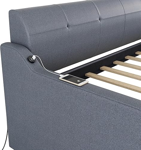 Miniatura 4 de Sofá cama tapizado de tamaño individual, sofá cama convertible con puertos USB, nido desplegable y elegante tapicería gris
