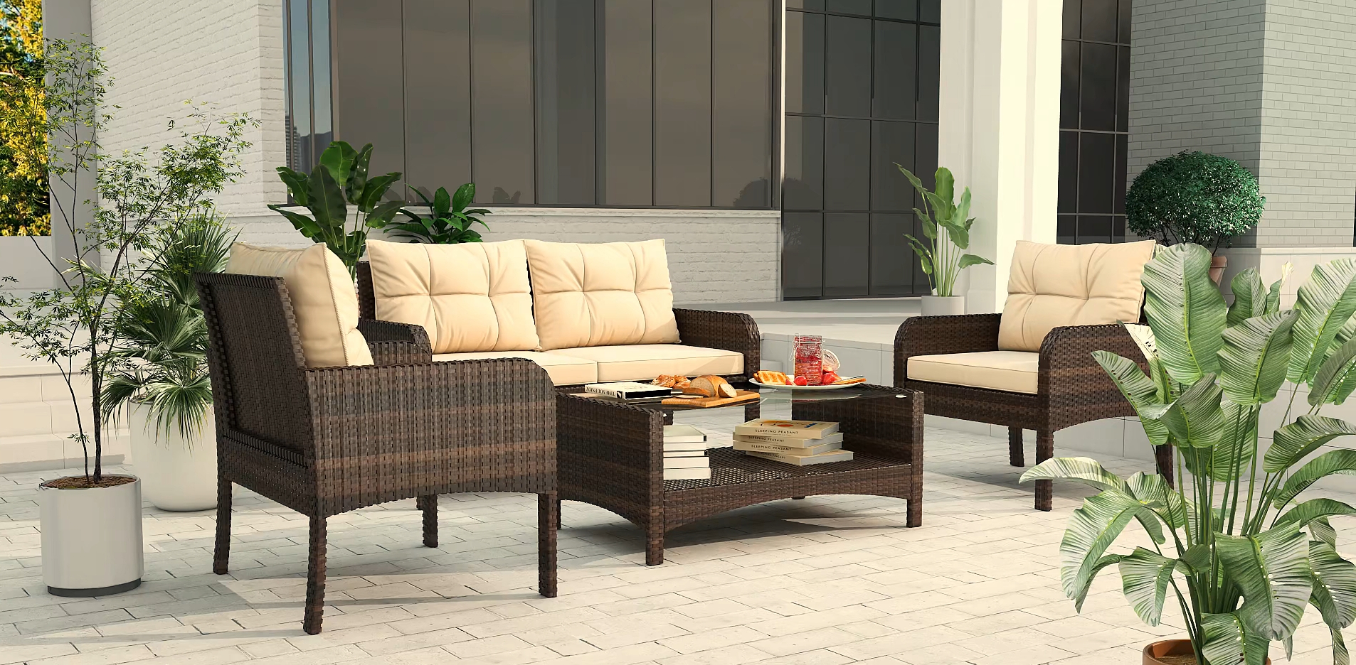 4-Piece Outdoor Patio Conversation Set - Wicker Loveseat, 2 Armchairs & Glass Table With Cushions (Black)