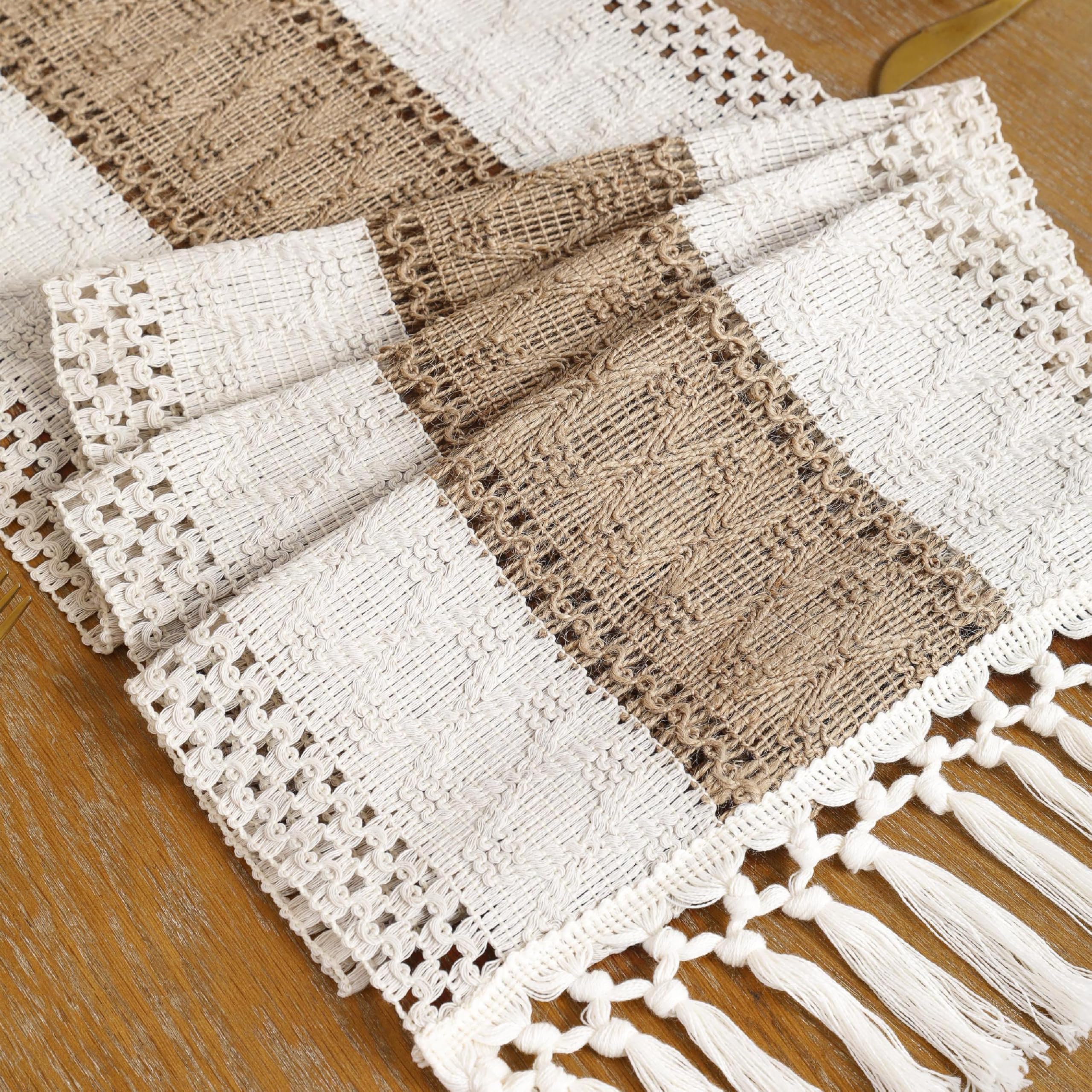 Tosleo Boho Table Runner 12x108 Inches - Khaki Striped Farmhouse Decor With Tassels