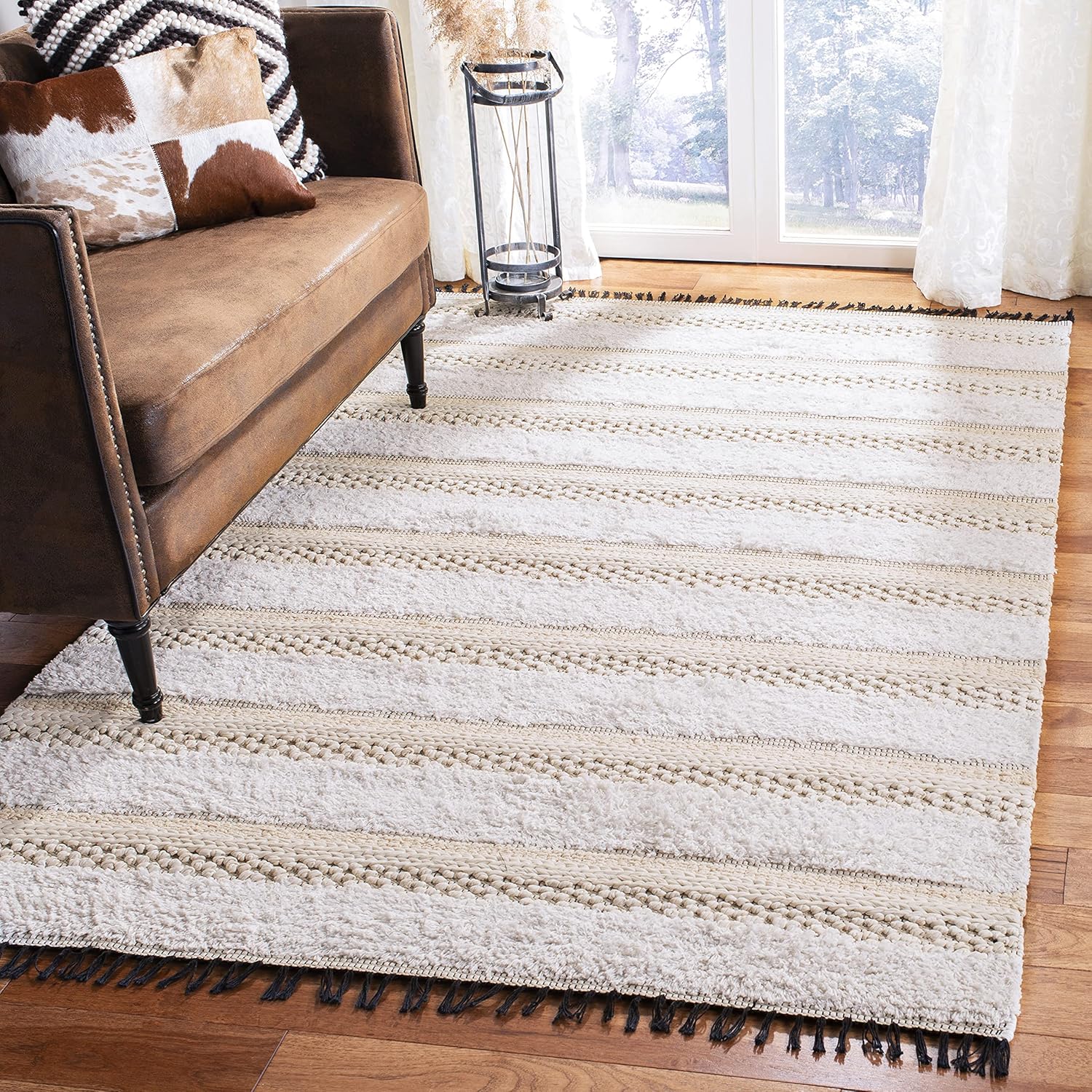 SAFAVIEH Boston Collection 3' x 5' Ivory/Beige BOS101A Handmade Flatweave Fringe Cotton Area Rug