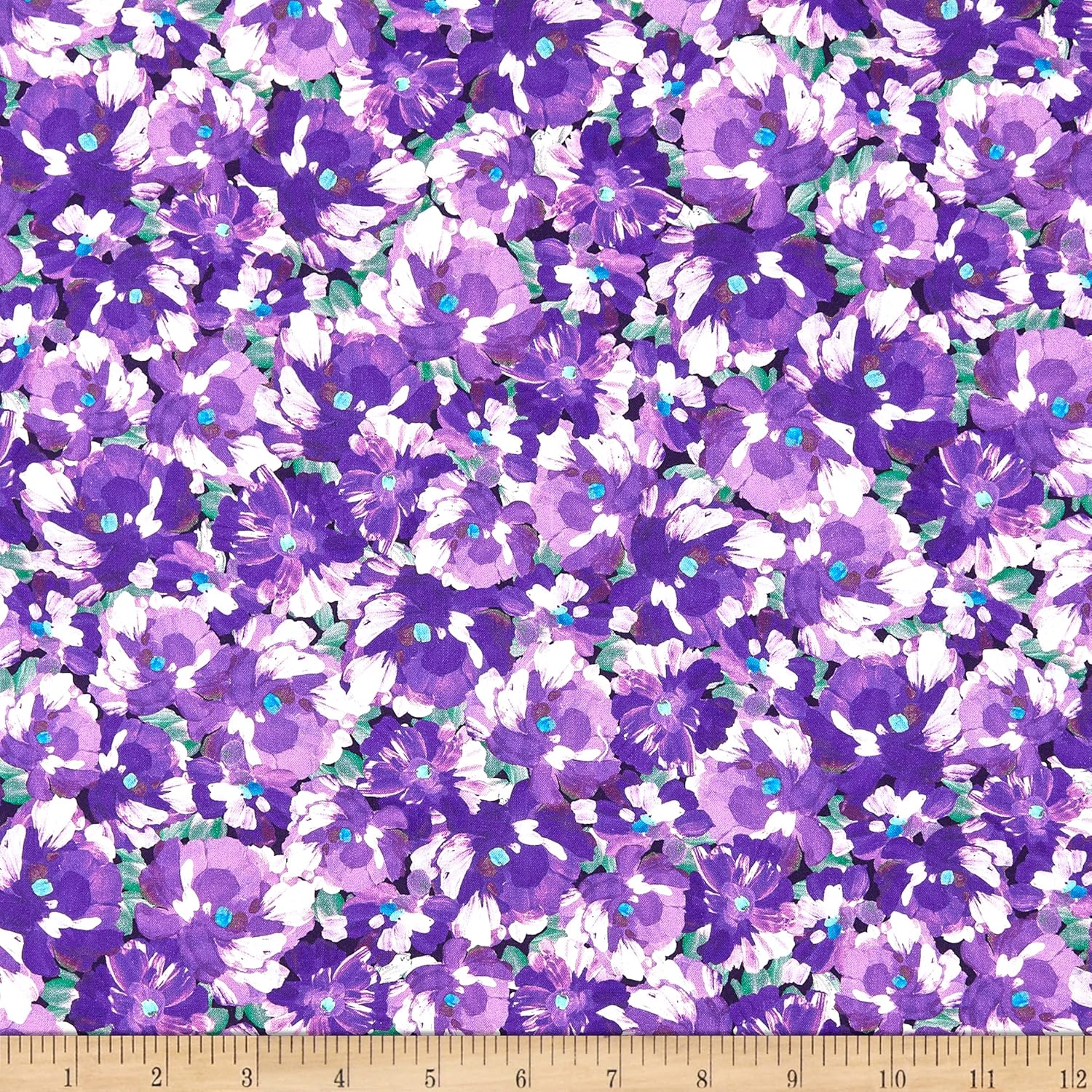 Kaufman Painterly Petals Packed Flowers Purple, Fabric by the Yard