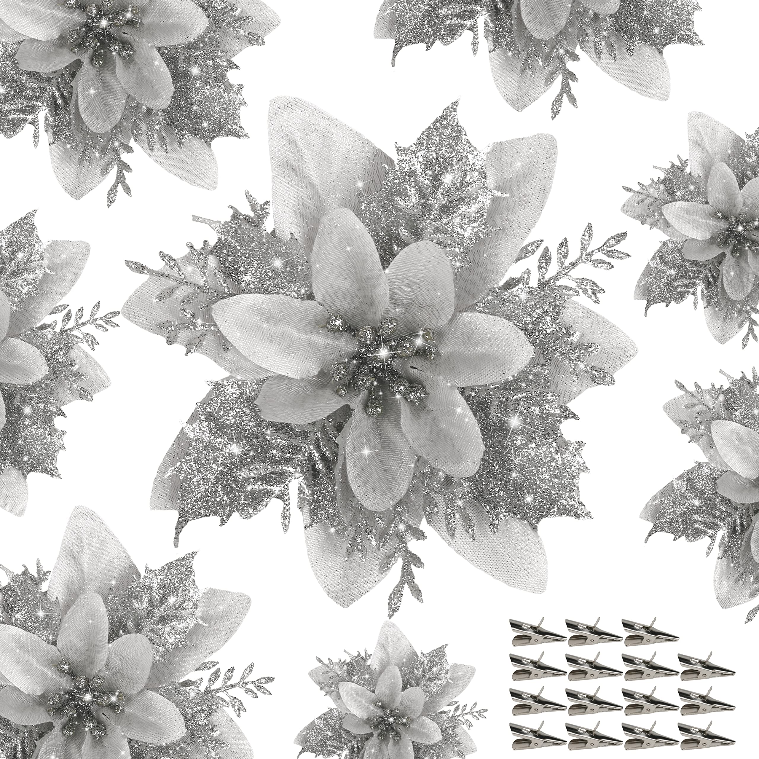 15 PCS Silver Poinsettia Flower Artificial Poinsettia with Clips Christmas Decor Glitter Poinsettia Christmas Ornaments Christmas Tree Flower Decoration with Stems DIY Xmas Wreath Holiday Party Decor