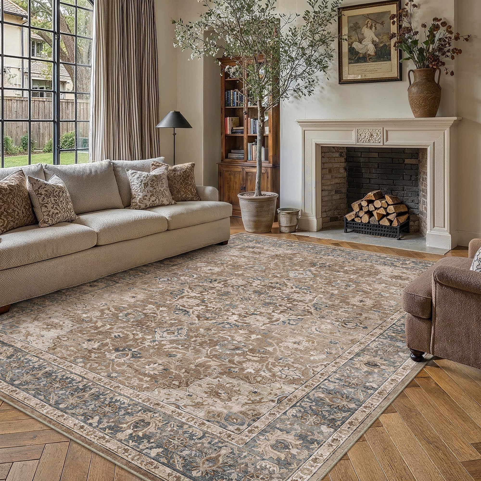 Photo 1 of Berthmeer Area Rug 8x10 Brown Vintage Floral Washable Farmhouse Style