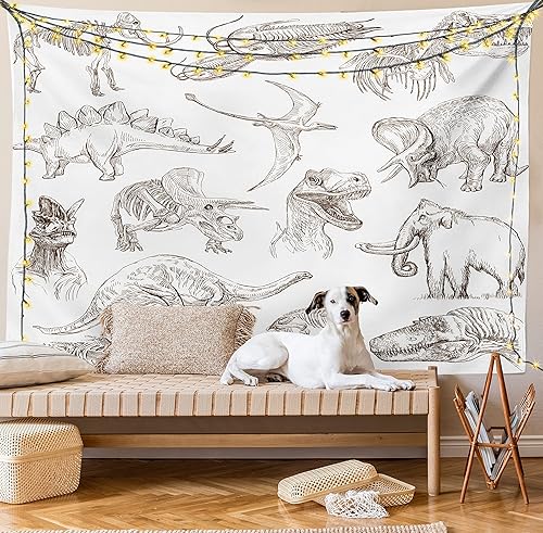 Miniatura 8 de Ambesonne Tapiz jurásico, arreglo de varios dinosaurios, ilustraciones de esqueleto biología histórica, colgante de pared ancho para dormitorio,