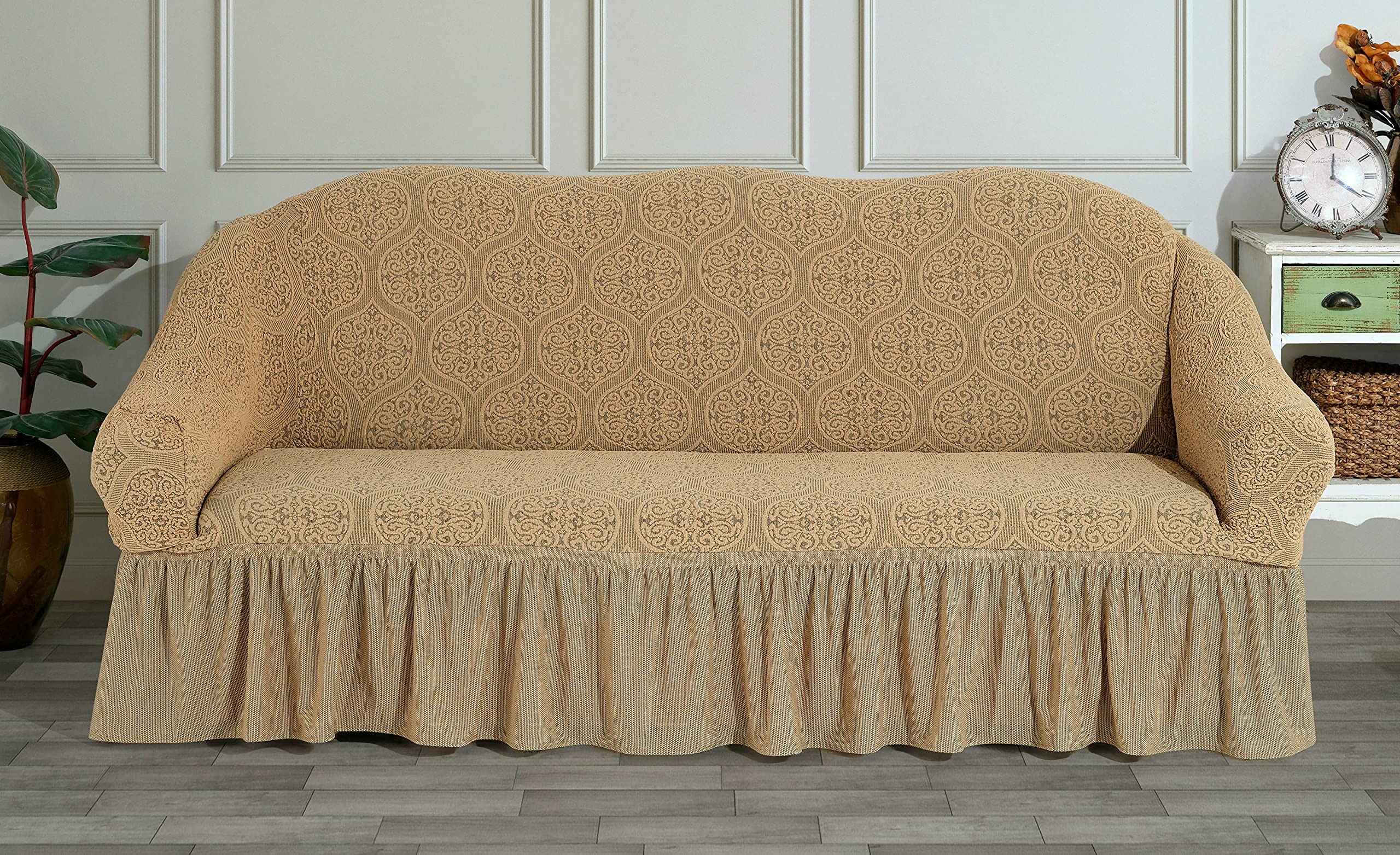 FabienneJacquard Fabric Sofa Cover Turkish Stretchable Couch Cover Furniture Protector Slipcover Fits on Standard and Recliner Sofa (3 Seater, Light Beige)