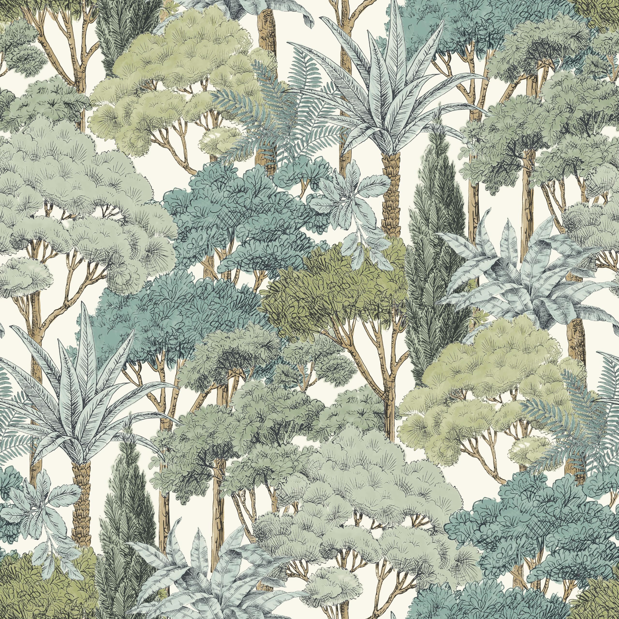Grandeco Botanical Sketched Forest Trees Textured Wallpaper, Green