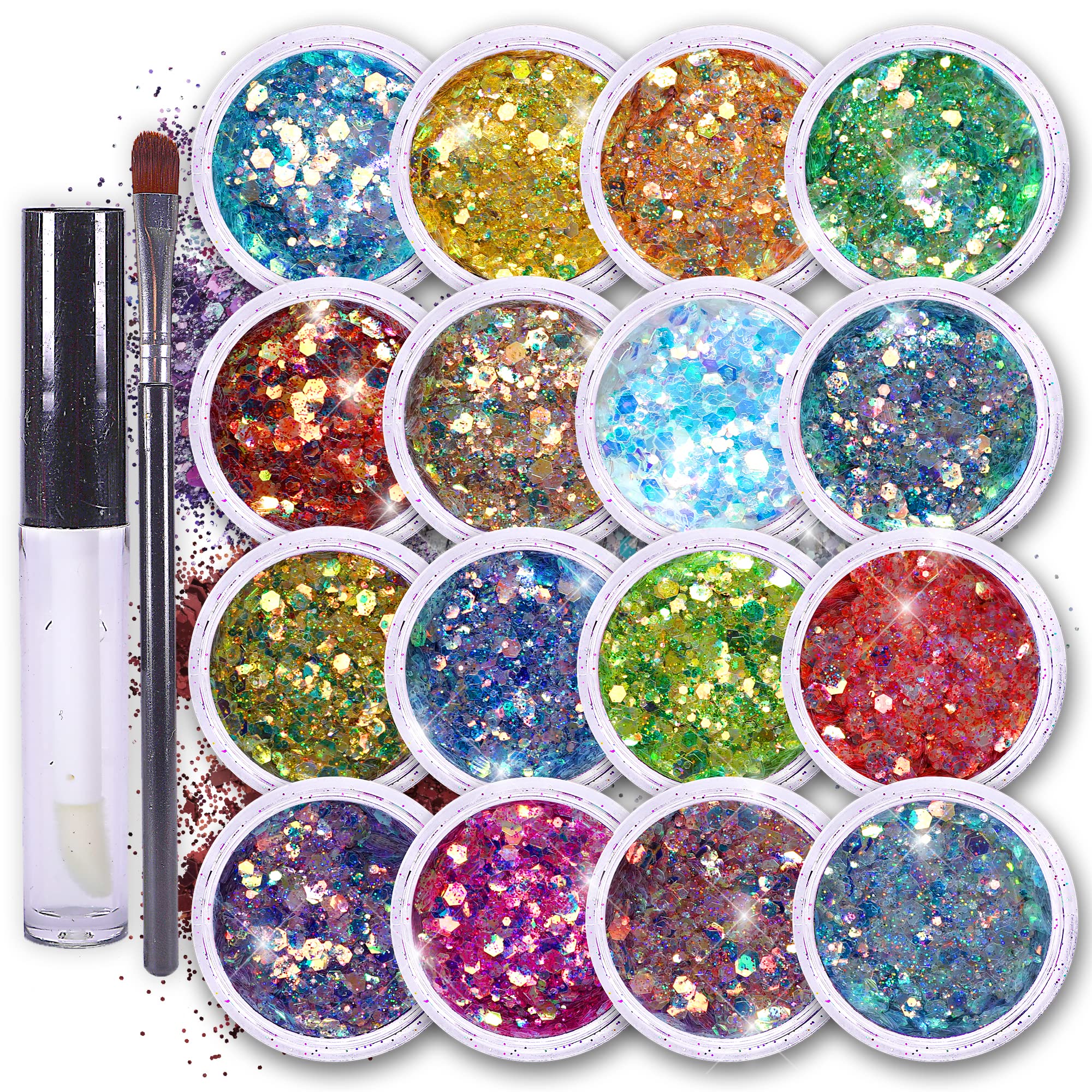 Fairy Tears Chunky Holographic Body Glitter I 16 Colors + Glitter Glue for Face Glitter Makeup, Hair, Eye & Fine Glitter Eyeshadow - Perfect for Halloween, Resin, Tumblers, Craft, Cosmetic & Nail Art