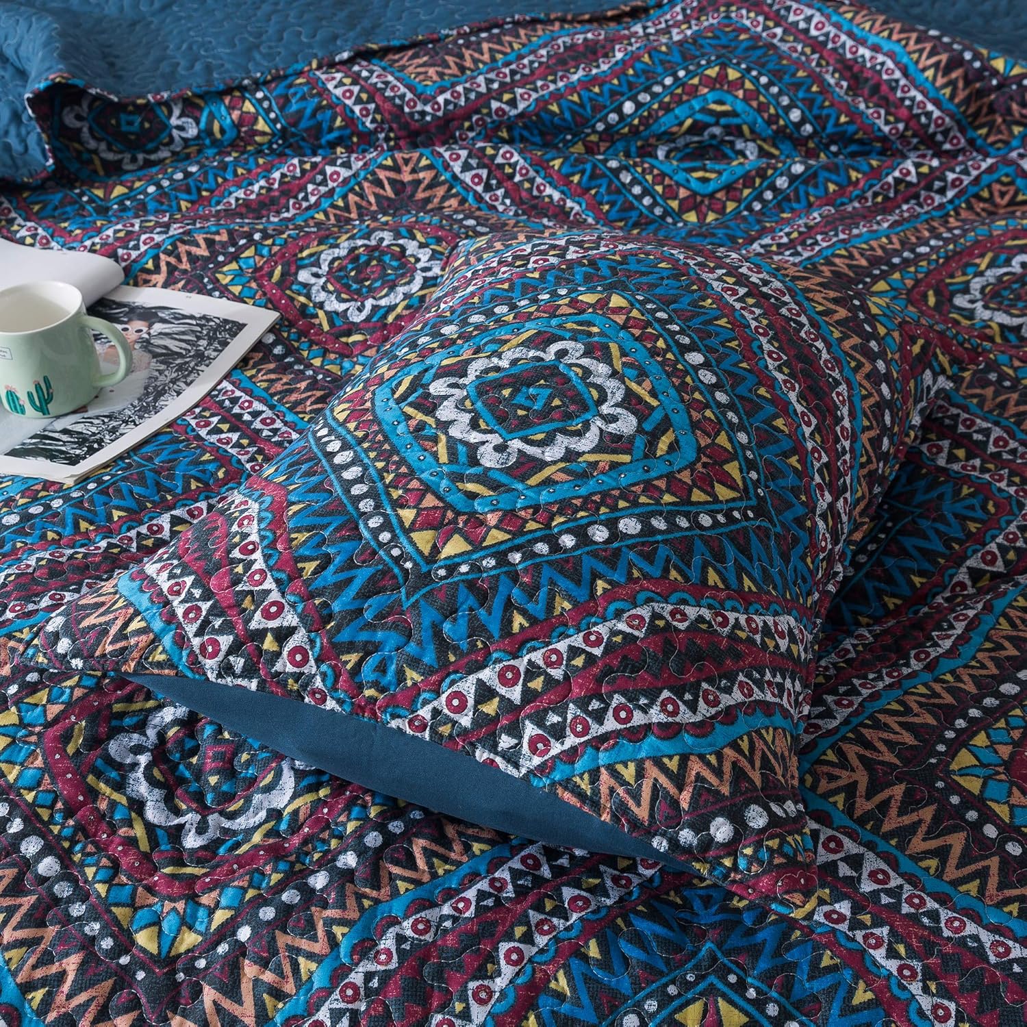 DaDa Bedding Rustic Southwestern Dark Navy Blue Bedspread Set Bohemian Native Geometric Diamond Patterns Quilted Coverlet Quilt Set - Queen Size - 3-Pieces