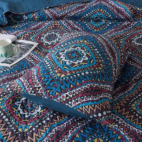 Miniatura 5 de DaDa Bedding - Juego de colcha étnica, tribal, azul marino oscuro, bohemio, patrón geométrico, patrón de diamantes, acolchado, tamaño California