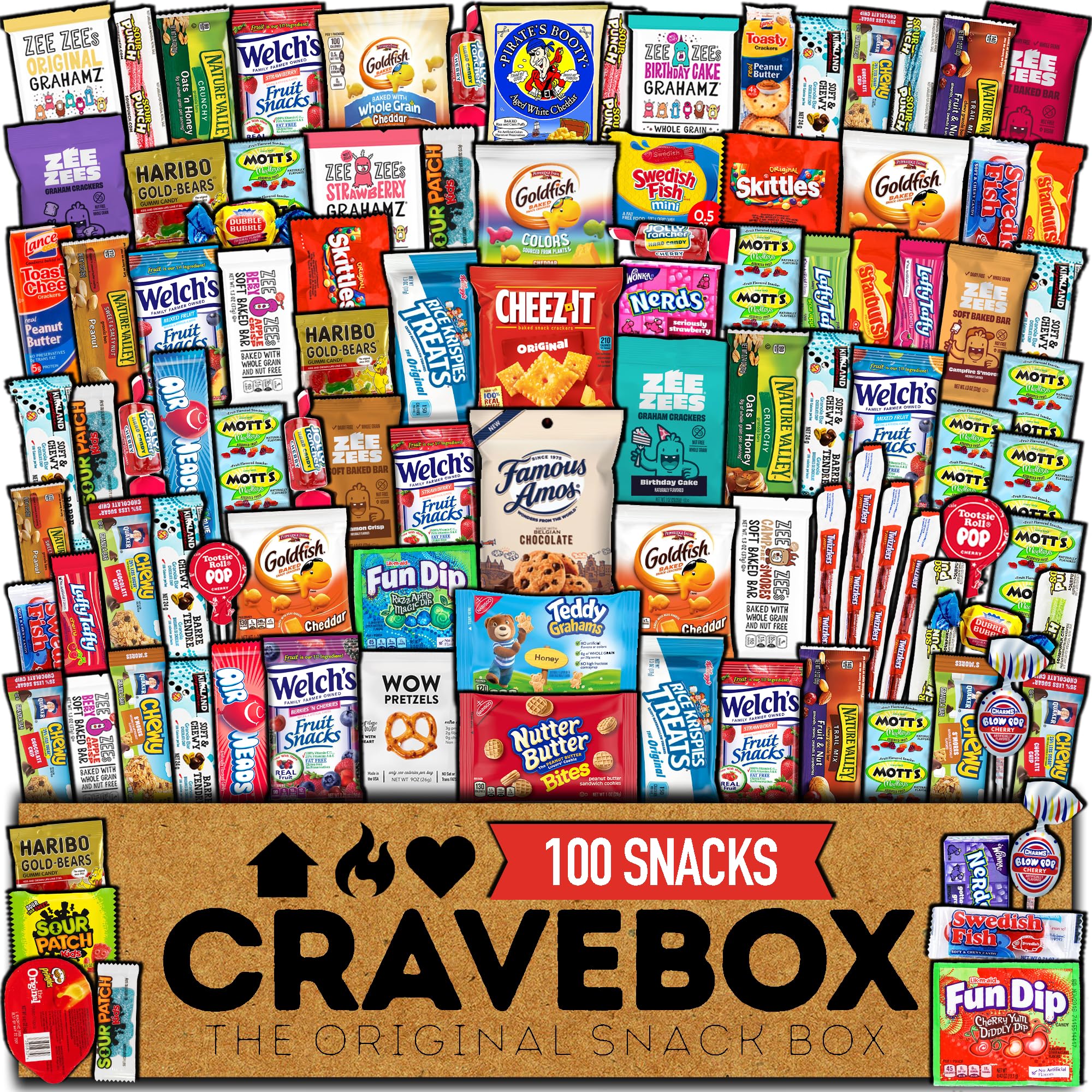 CRAVEBOX Snack Box (100 Count) Father's Day Variety Pack Care Package Gift Basket Adult Kid Guy Girl Women Men Birthday College Student Office College