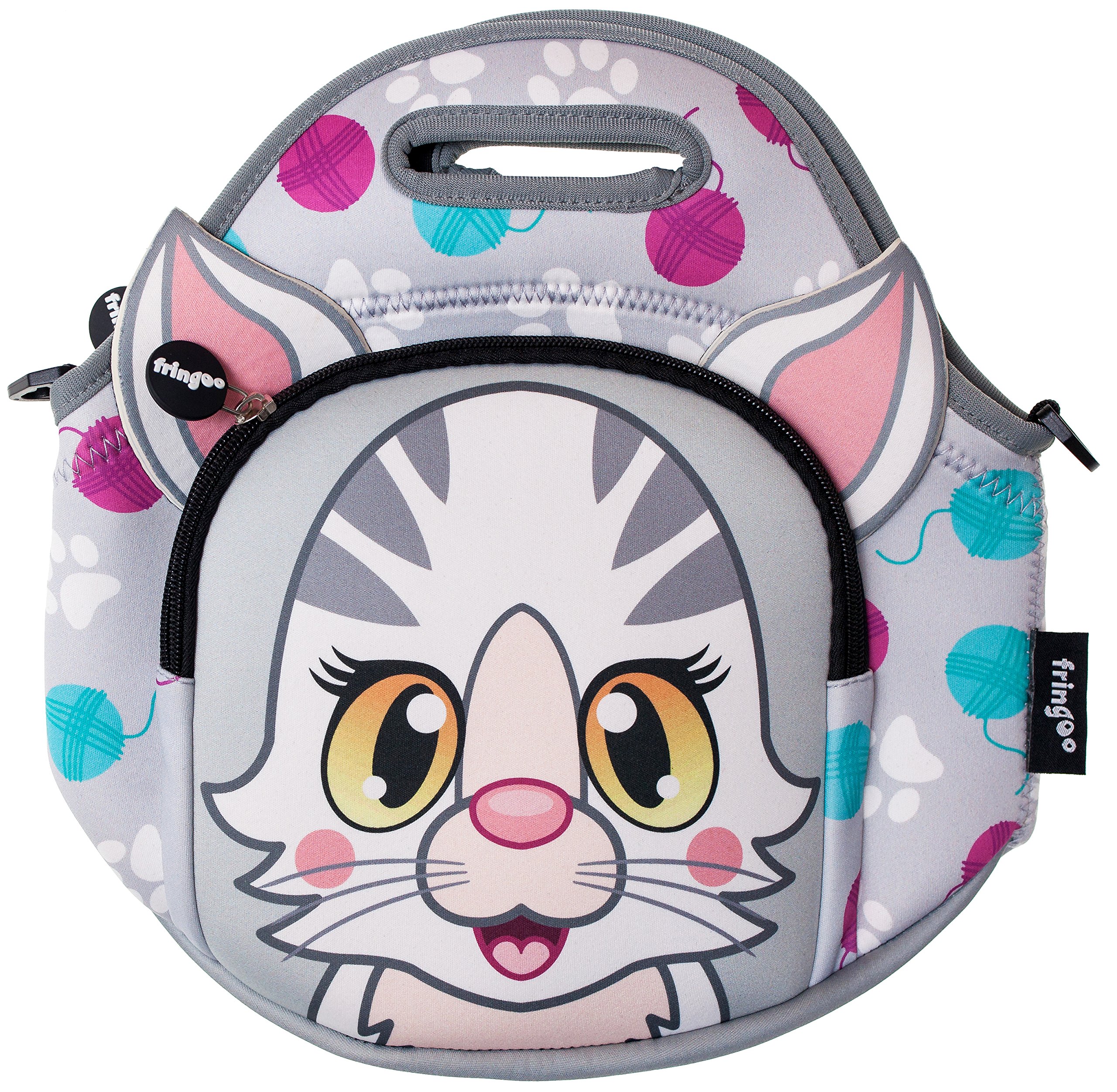 Fringoo Grey Cat Kid's Thermal Insulated Cooler/Lunch Bag With Zipped Pocket/Shoulder Strap For Nursery/School, Neoprene, 29 X 29 X 19 Cm