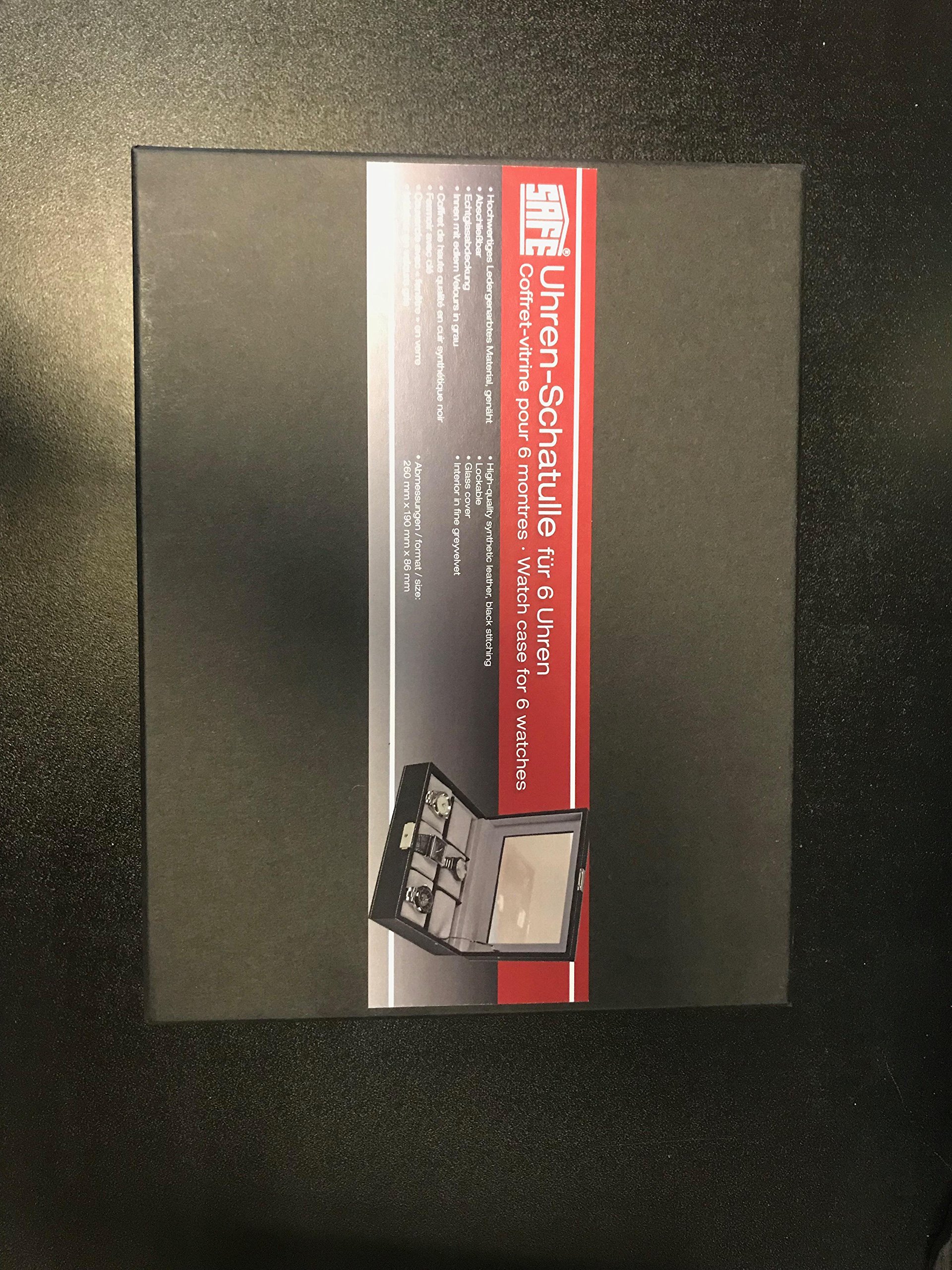 Uhrenkoffer ledergenarbt für 6 Uhren, Kissen innen grau