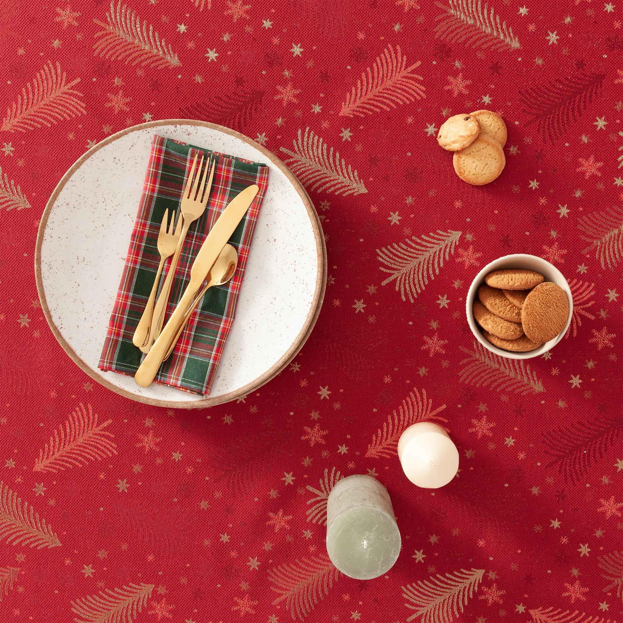 GAMUSI Tafelkleed voor Kerstmis, jacquard, goudkleurig garen, eettafel, rechthoekig, kerstdecoratie, 140 x 240 cm, rood