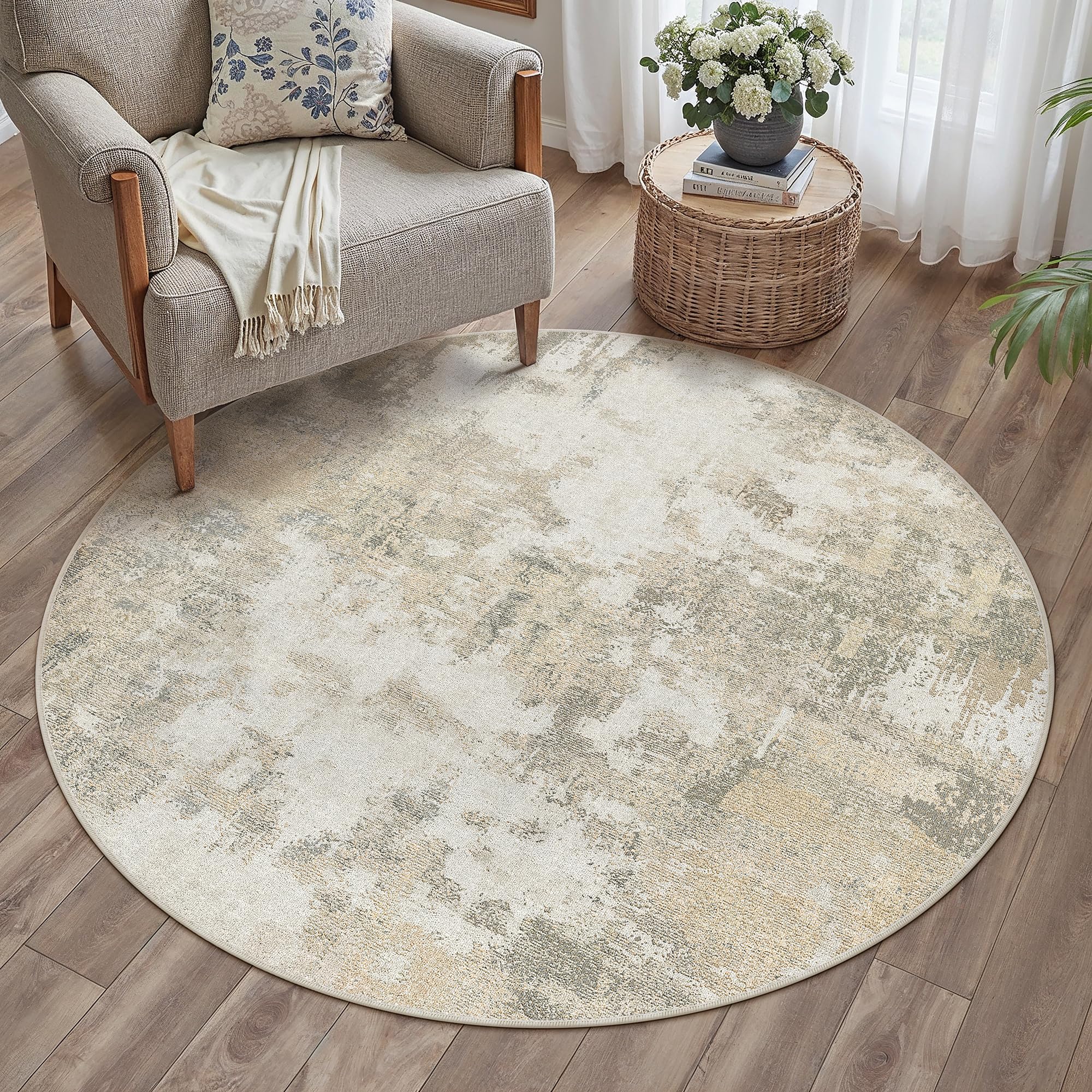 PureCozy Beige Abstrakte Teppich Rund 120cm Moderner Wohnzimmer Teppich Creme Waschbarer rutschfeste Minimalistische Bodenmatte Teppiche für Wohnzimmer Schlafzimmer Büro Bereich Dekor