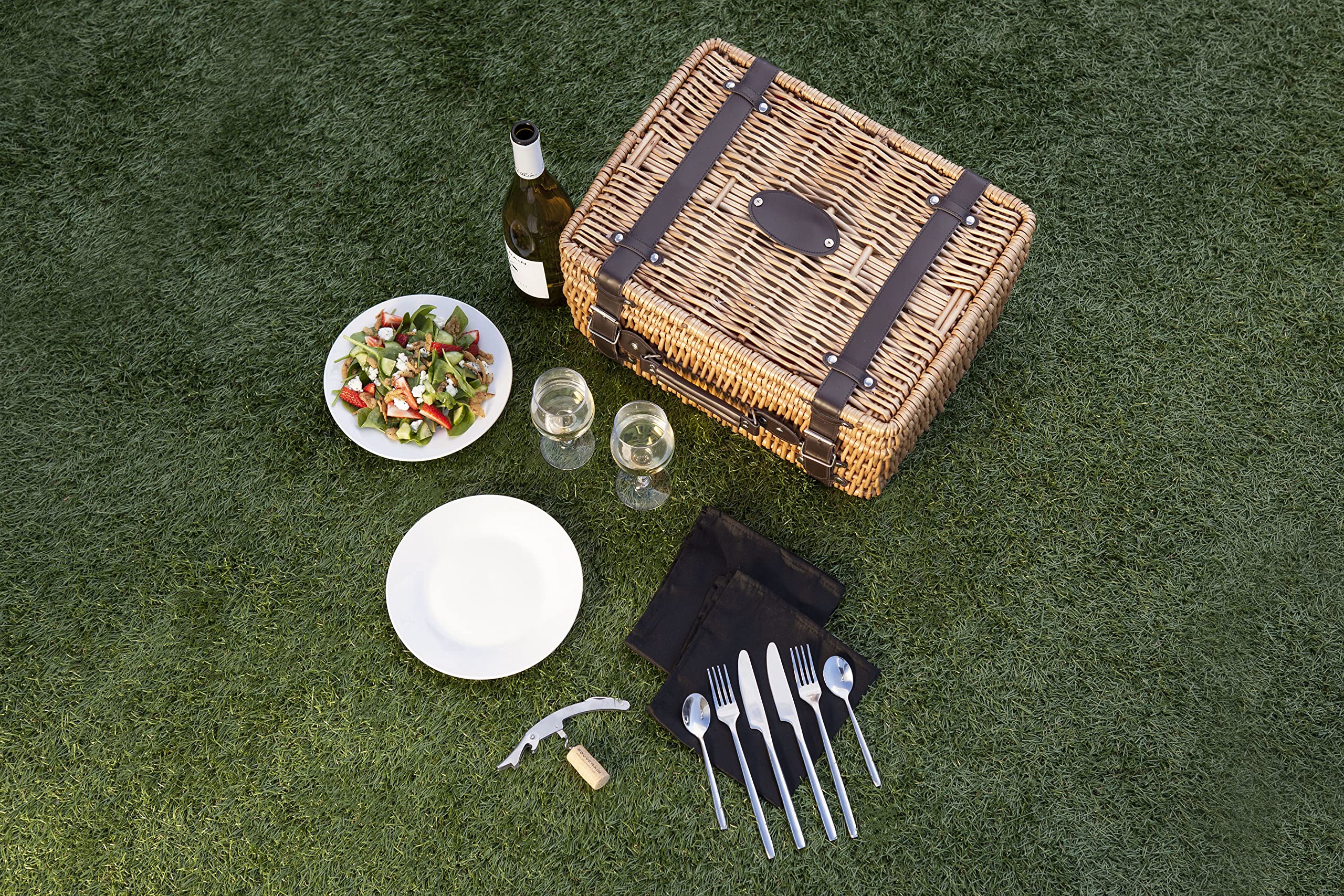 PICNIC TIME Champion Cesta de picnic para 2, juego de cesta de mimbre grande con kit de servicio de cubiertos (negro con detalles marrones)