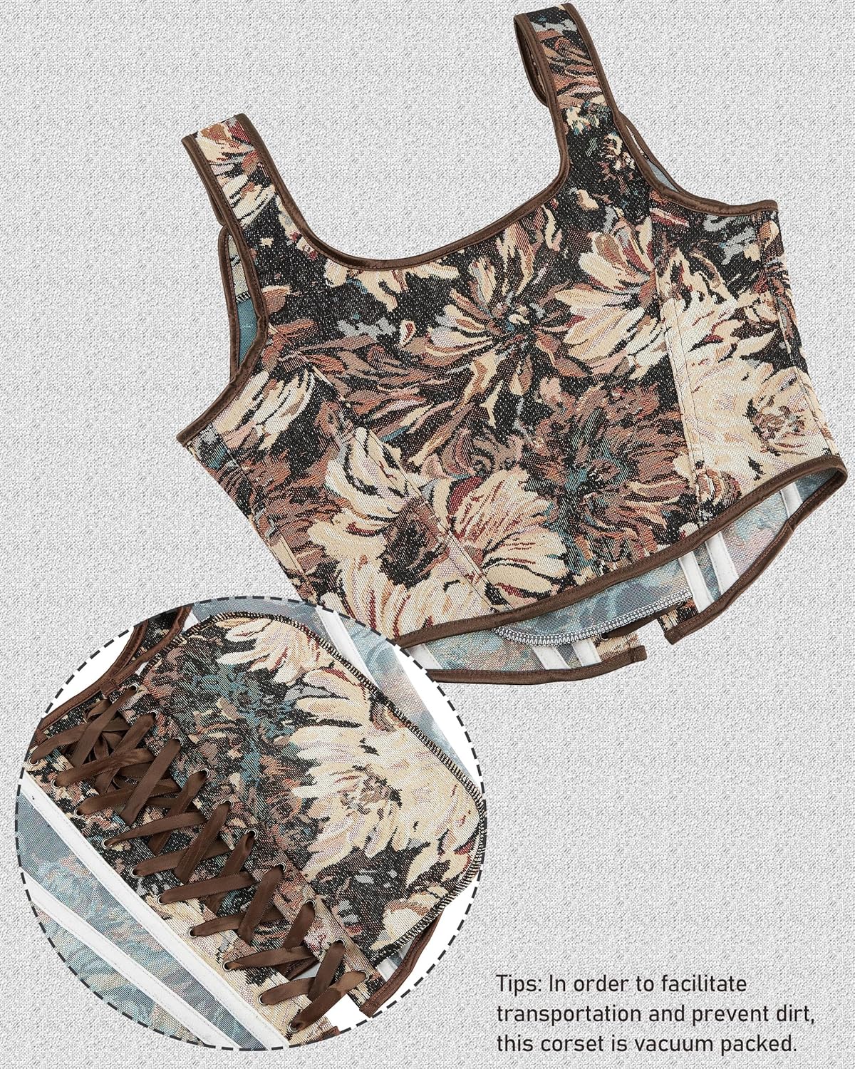 Renaissance Floral Corset Tops for Women Going-Out Vintage Brown Push-Up Overbust Bustier Lace-Up Boned Bodyshaper - Image 4