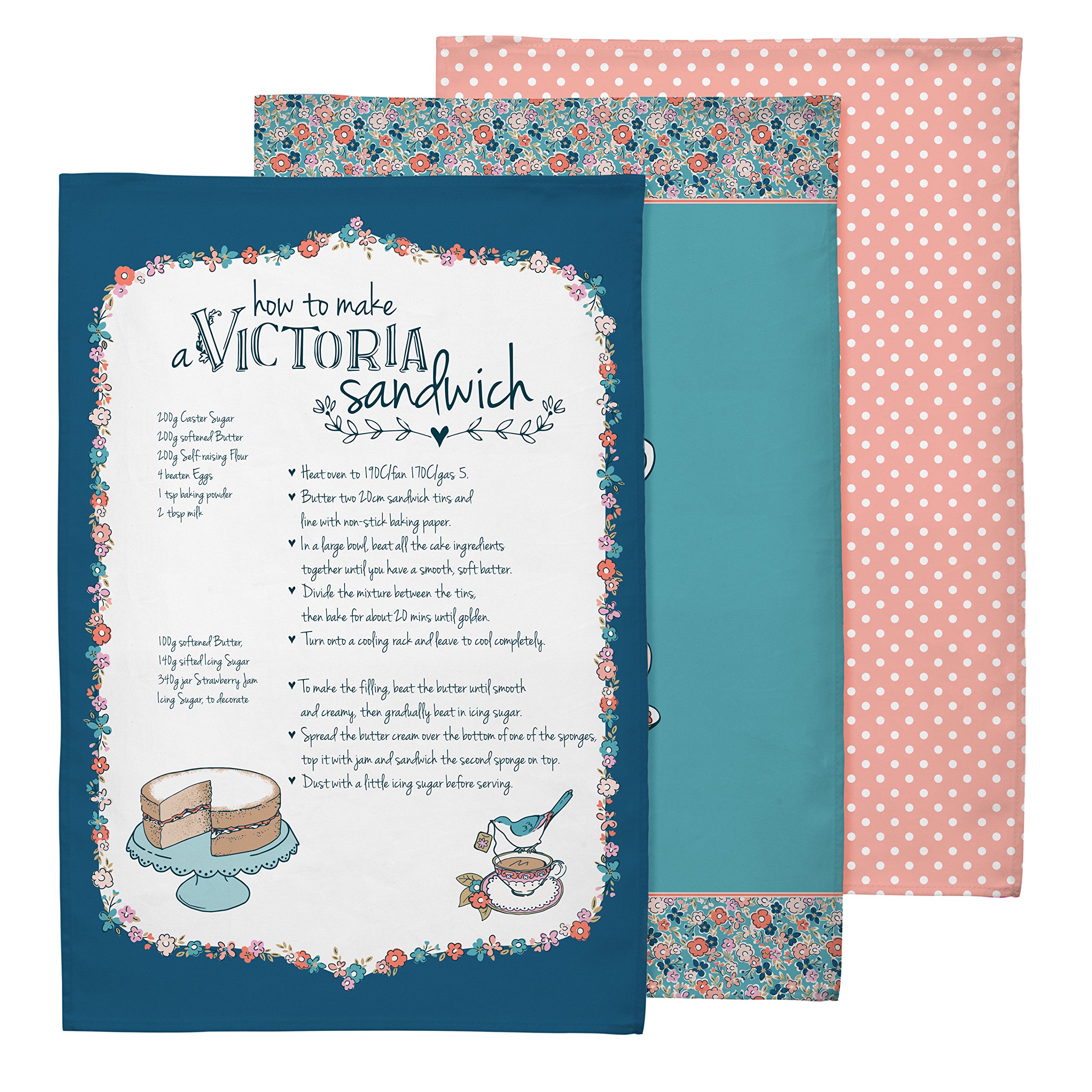 Premier Housewares Pretty Things Tea Towels - Set of 3, Multi-Coloured