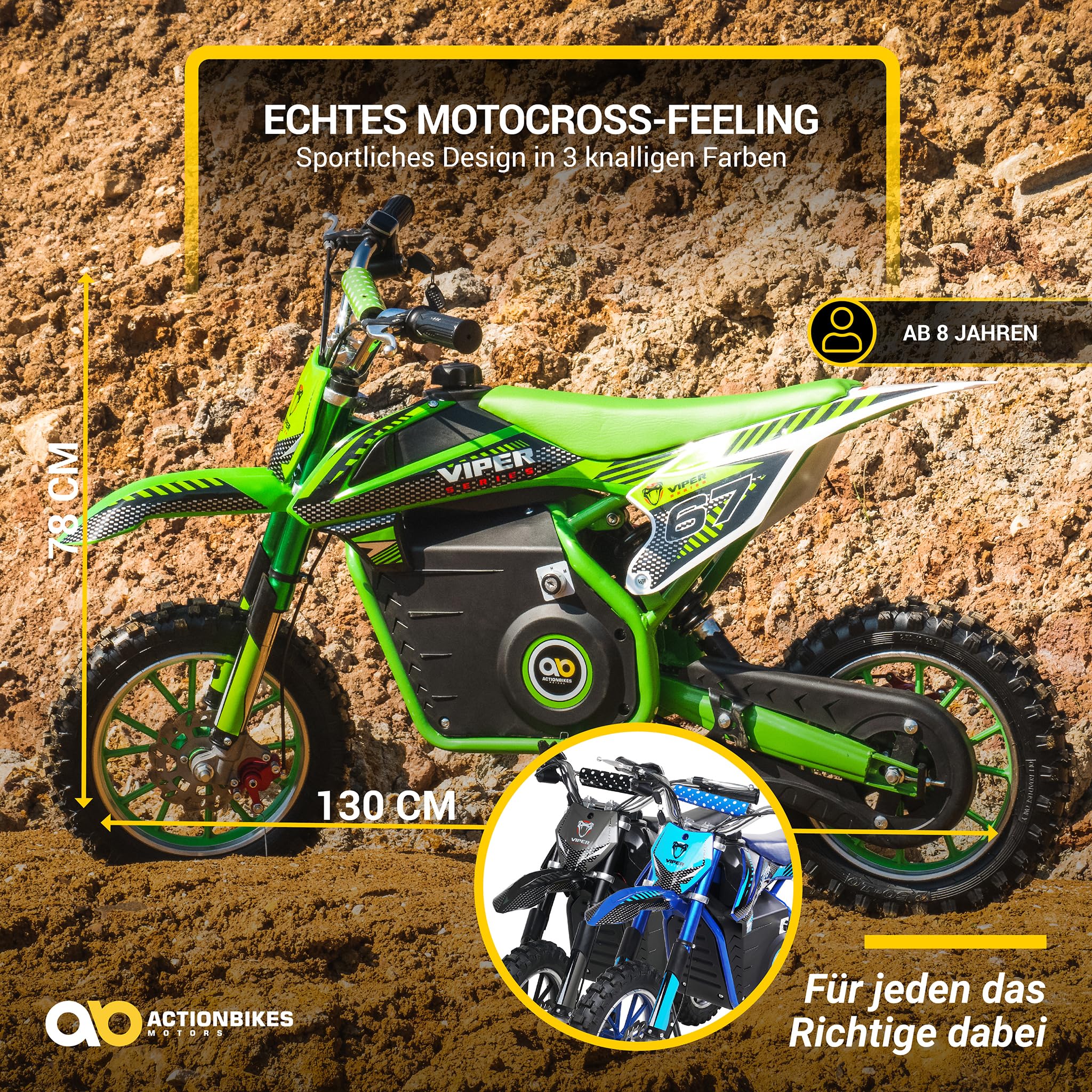 Actionbikes Motors Kinder Elektro Crossbike Viper | 𝟭𝟬𝟬𝟬 Watt Motor bis 𝟐𝟒 km/h - Motorrad - Pocket Bike - Dirt Bike - Pocketbike - Motorsport - Dirtbike - Cross - Enduro ab 8 Jahren (Grün)