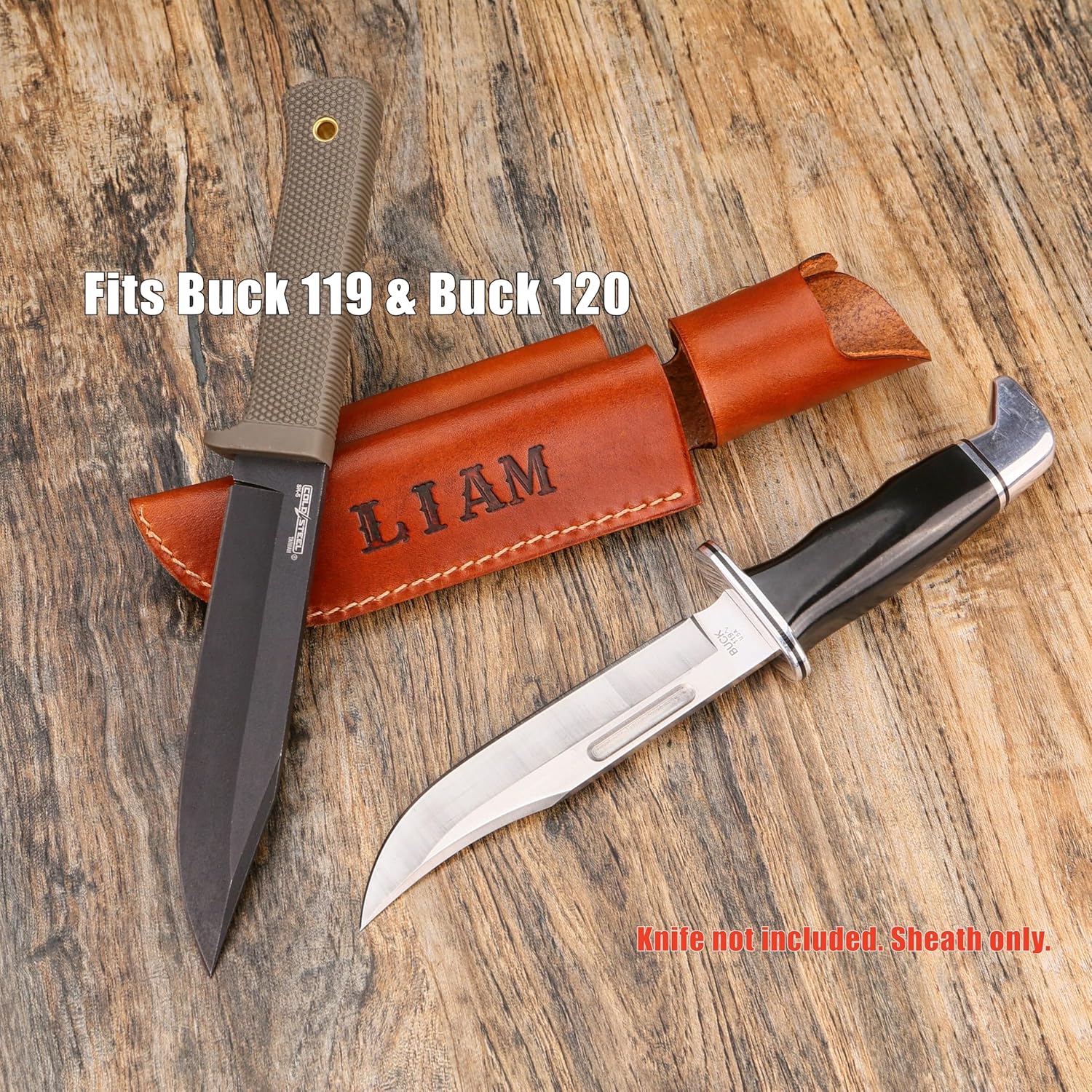 Horizontal Carry Handmade Leather Knife Sheath for Buck 119 and 120, Full Grain Cowhide, Hand Stitched, Belt Loop, Personalized Embossing Option KSBKH1