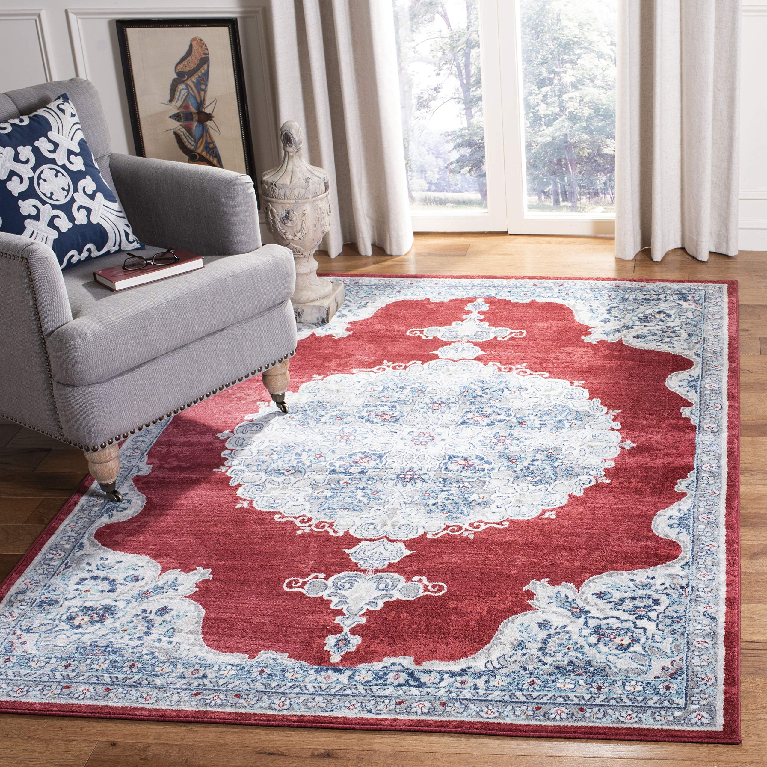 SAFAVIEH Brentwood Collection Area Rug - 6' x 9', Red & Ivory, Medallion Distressed Design, Non-Shedding & Easy Care, Ideal for High Traffic Areas in